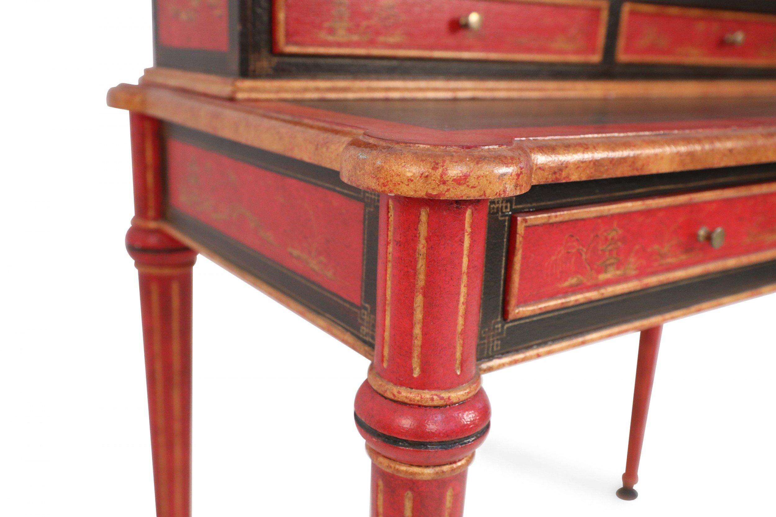 English Chinoiserie / Georgian Style Red and Black Secretary Desk 9