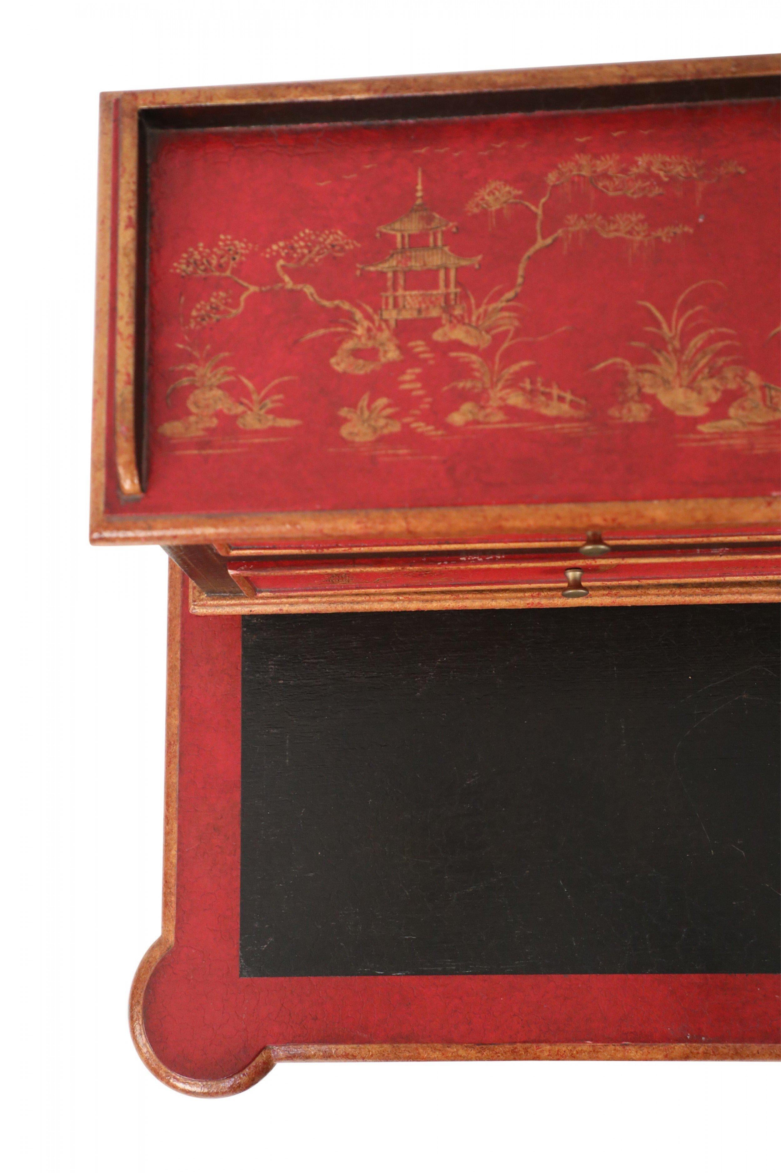 English Chinoiserie / Georgian Style Red and Black Secretary Desk 11