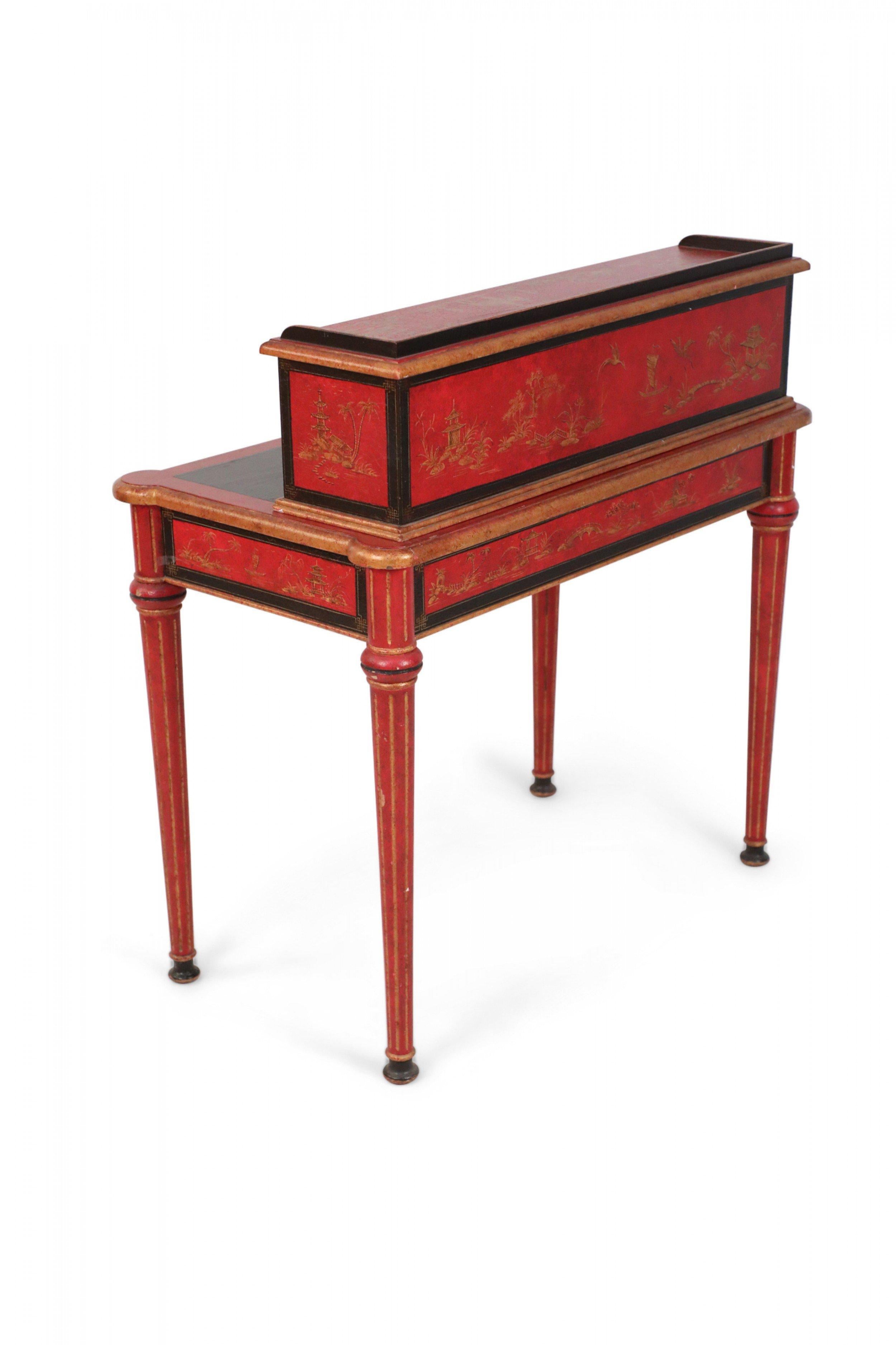 Painted English Chinoiserie / Georgian Style Red and Black Secretary Desk