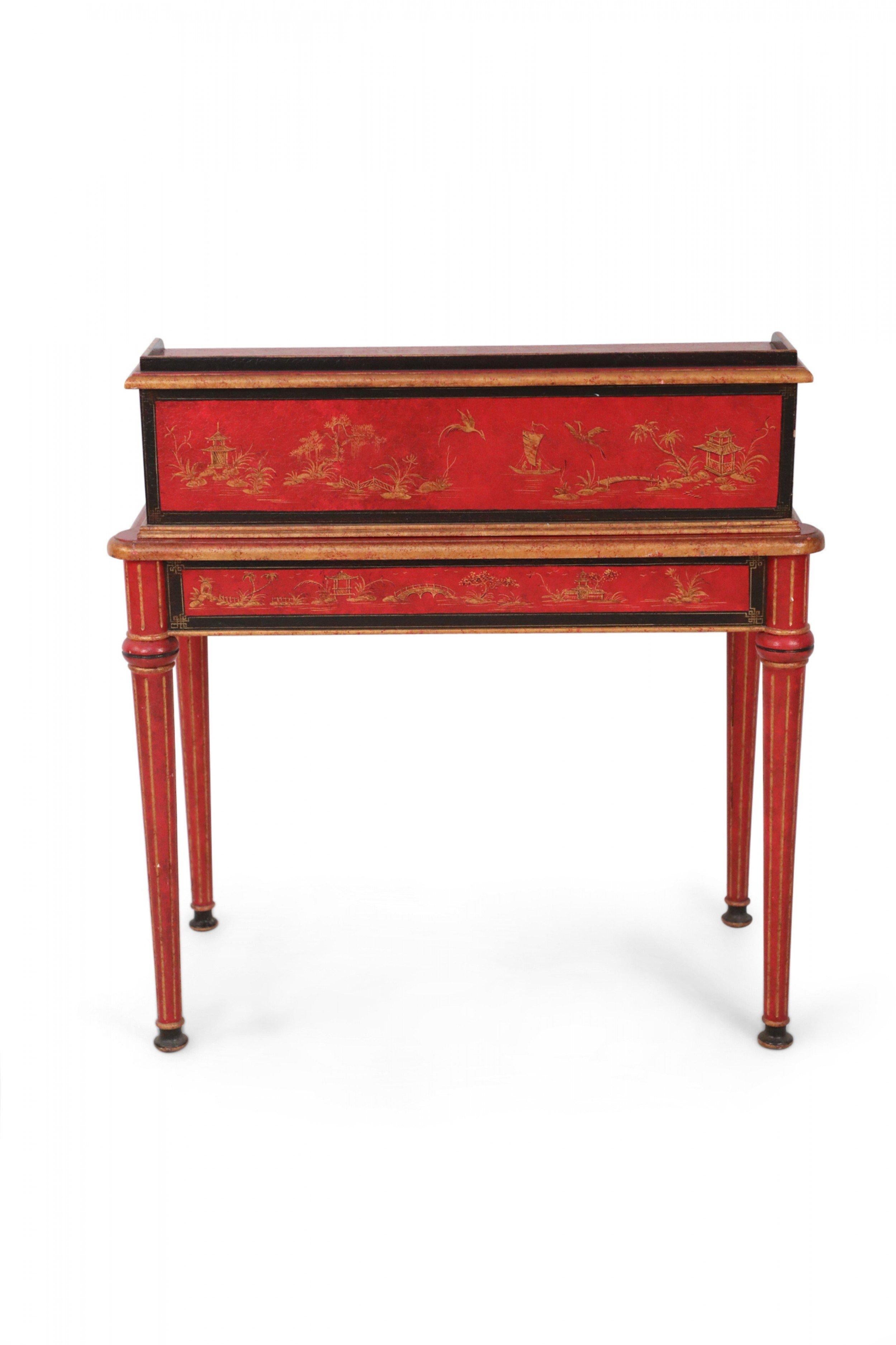 20th Century English Chinoiserie / Georgian Style Red and Black Secretary Desk