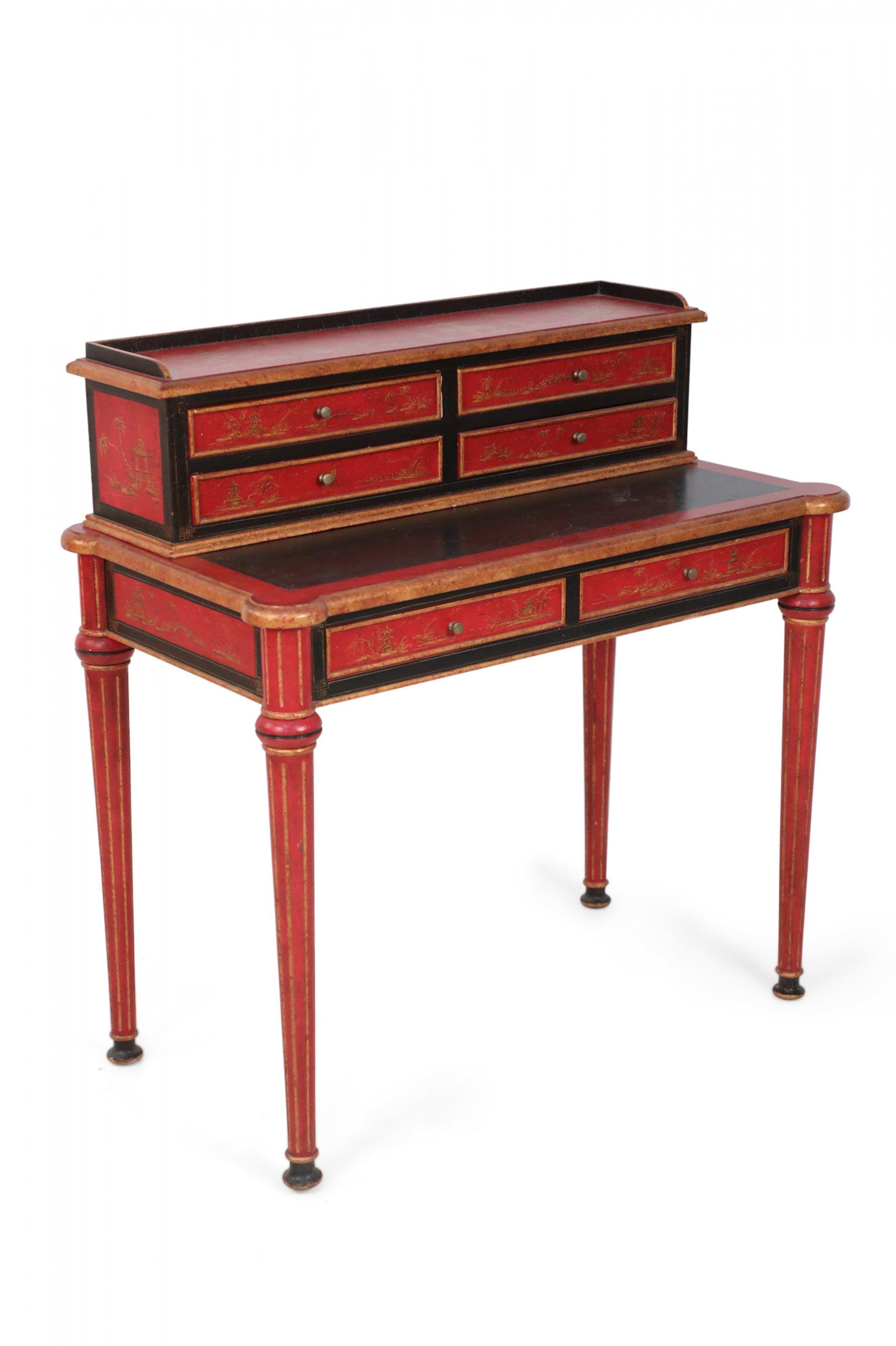 English Chinoiserie / Georgian Style Red and Black Secretary Desk 1