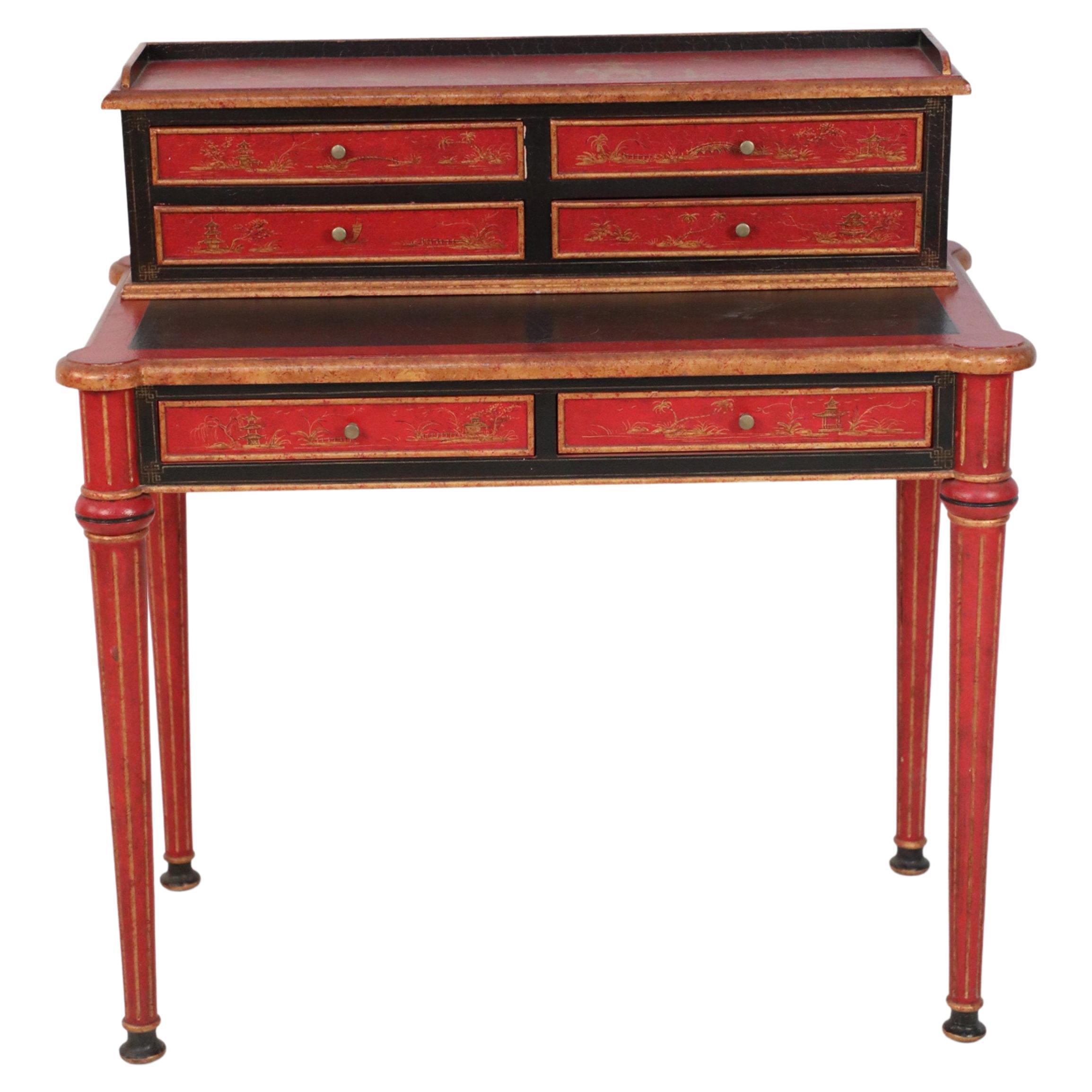 English Chinoiserie / Georgian Style Red and Black Secretary Desk