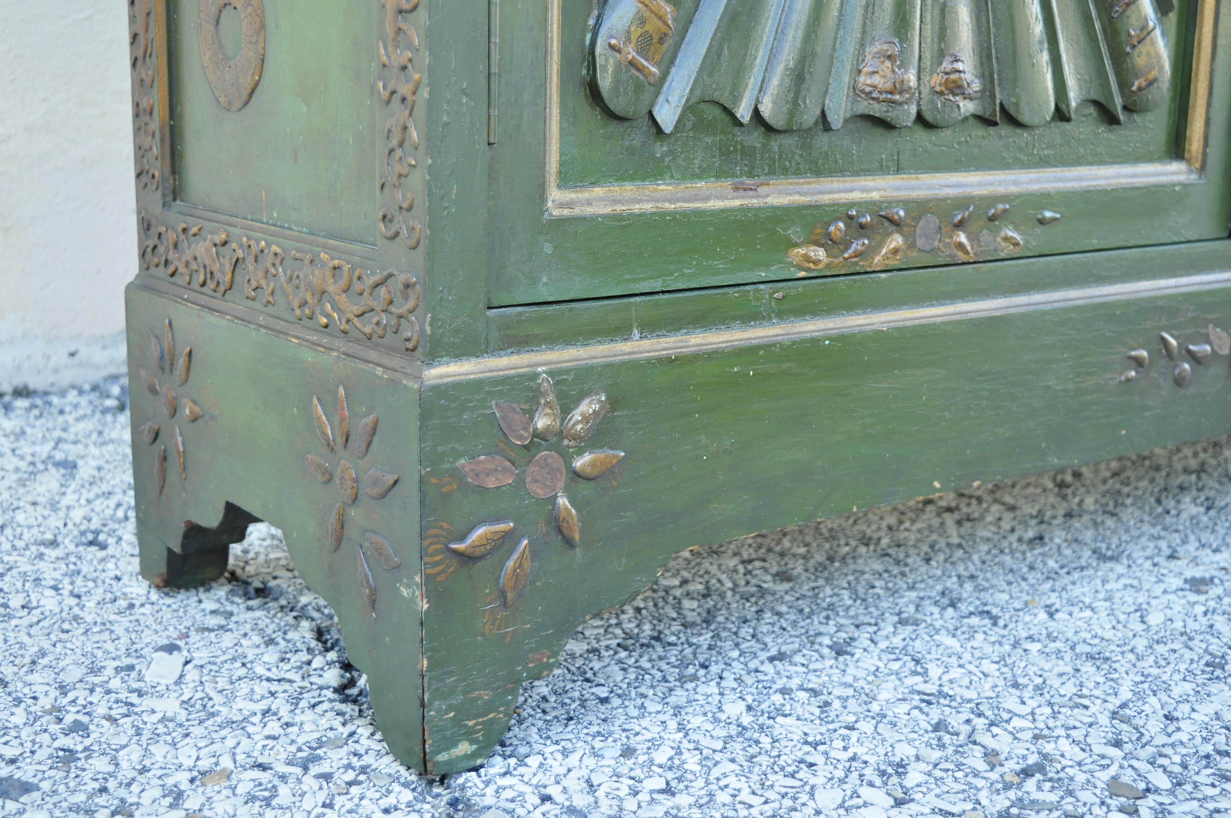 English Chinoiserie Green Distress Painted Tall George III Curio Display Cabinet For Sale 1
