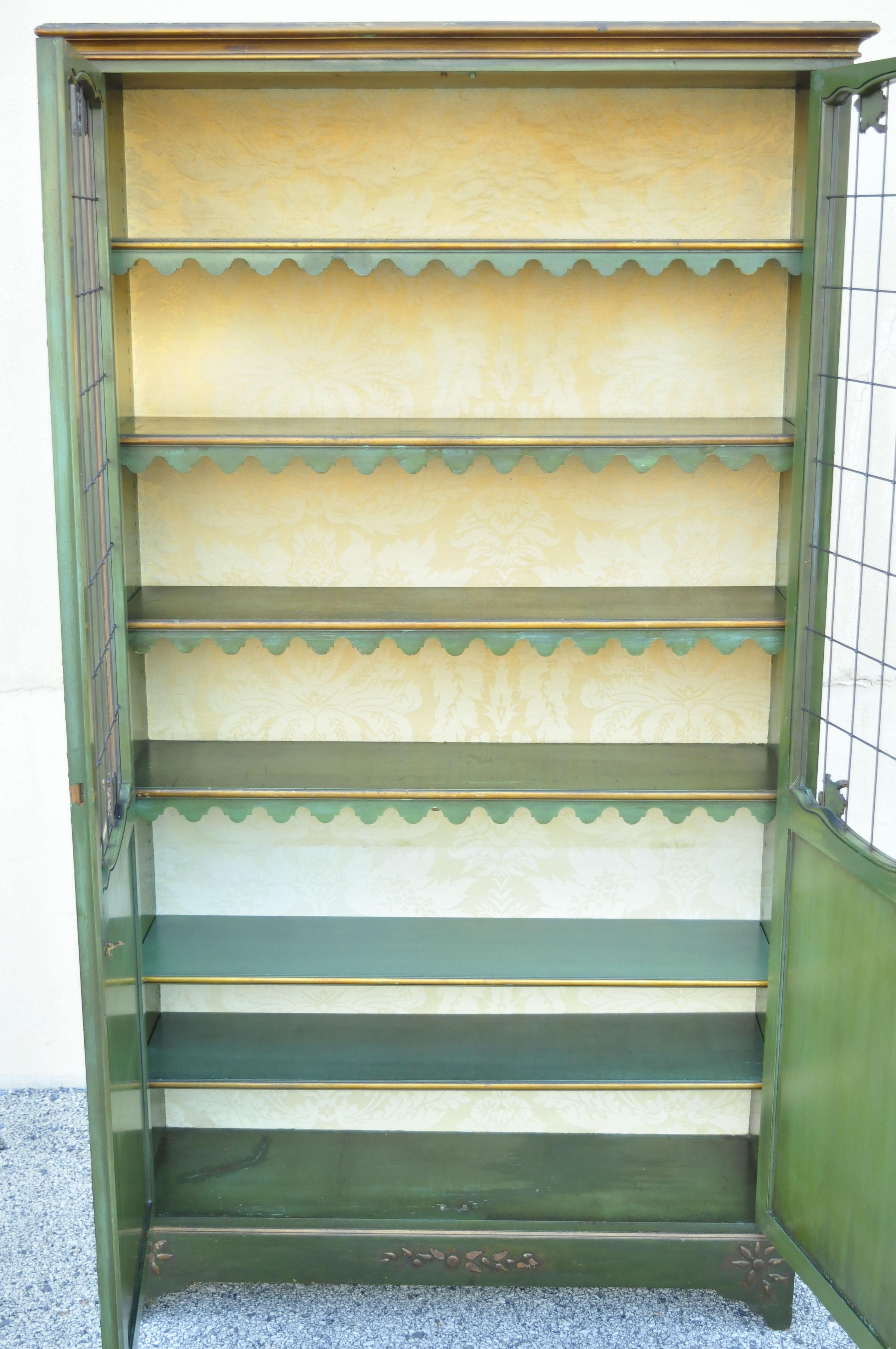 North American English Chinoiserie Green Distress Painted Tall George III Curio Display Cabinet