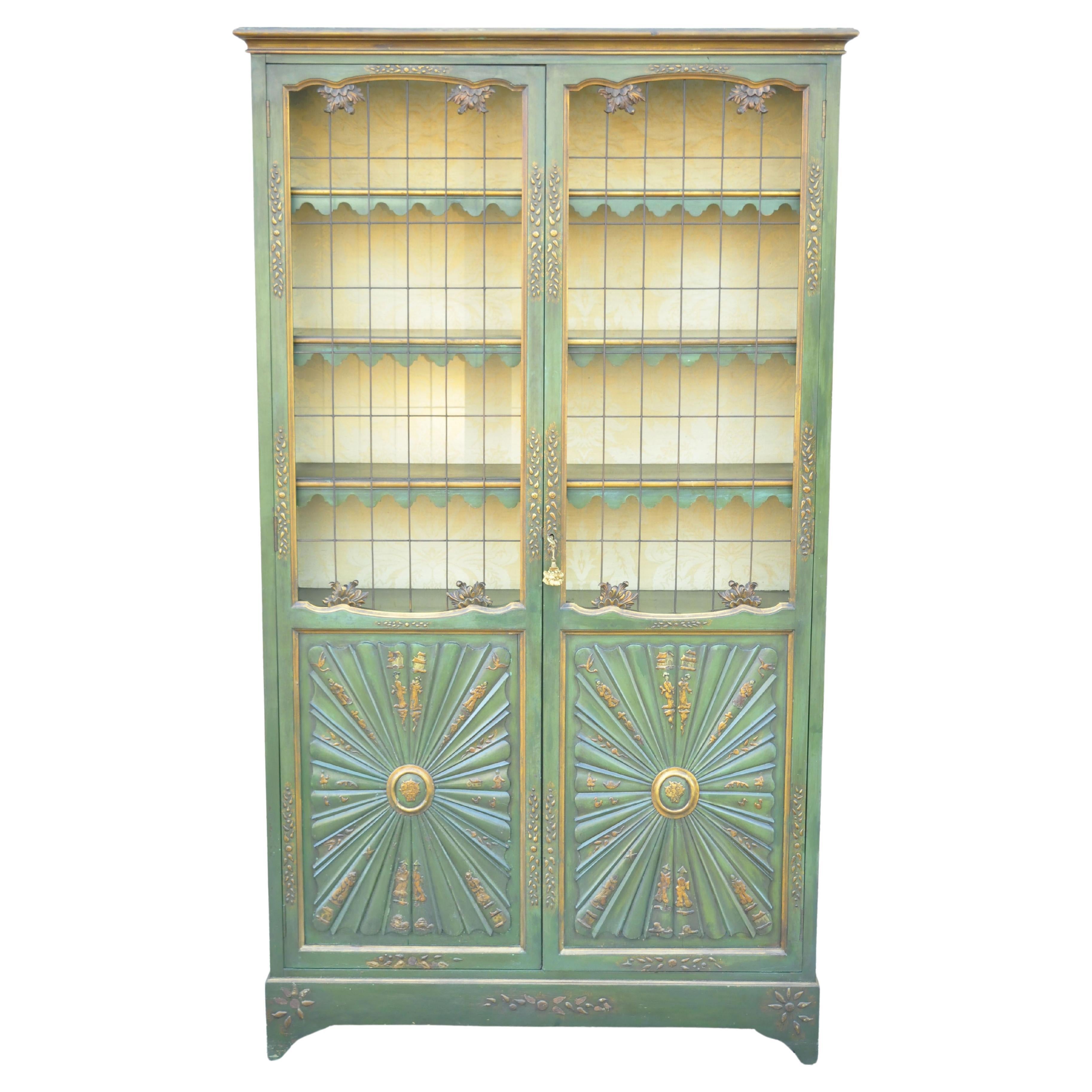 English Chinoiserie Green Distress Painted Tall George III Curio Display Cabinet For Sale