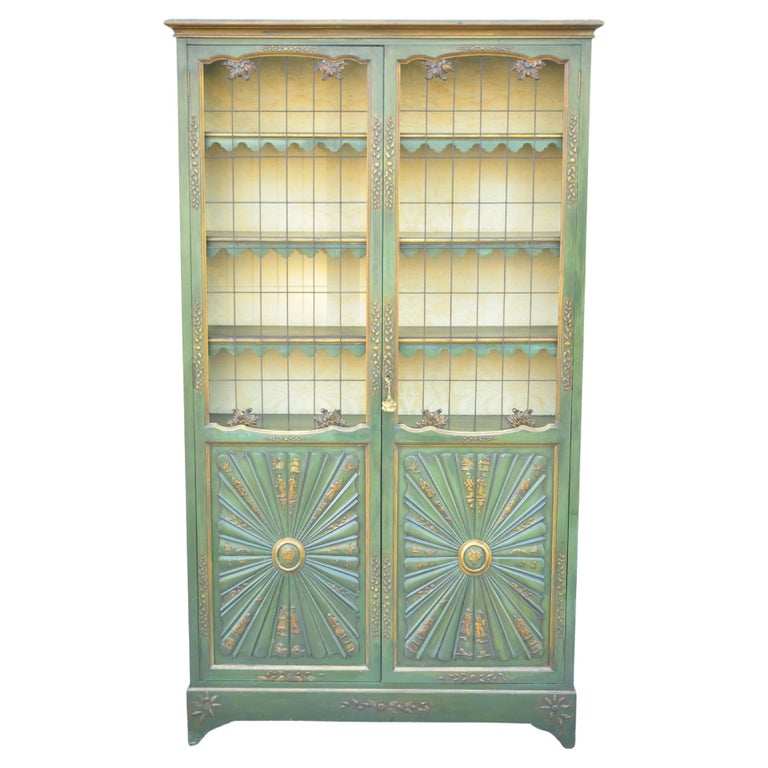 English Chinoiserie Green Distress Painted Tall George III Curio Display  Cabinet For Sale at 1stDibs