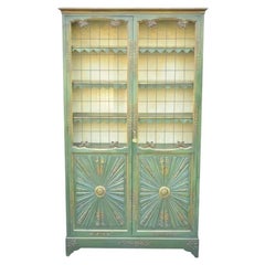 English Chinoiserie Green Distress Painted Tall George III Curio Display Cabinet