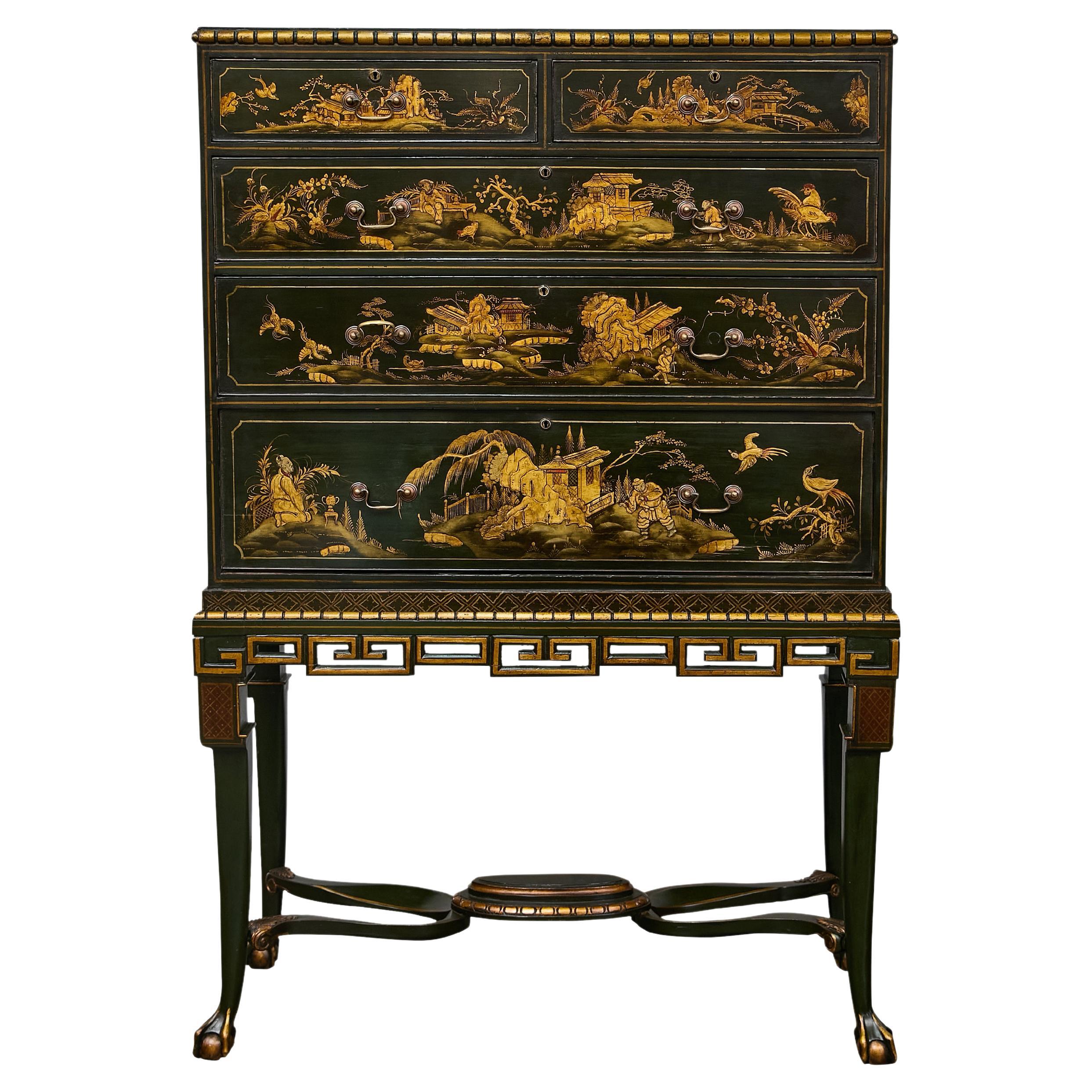 English Chinoiserie Dark Green Lacquer Cabinet on Stand with Gilt Scenic Panels