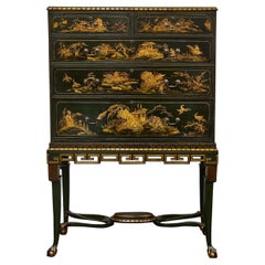 English Chinoiserie Dark Green Lacquer Cabinet on Stand with Gilt Scenic Panels