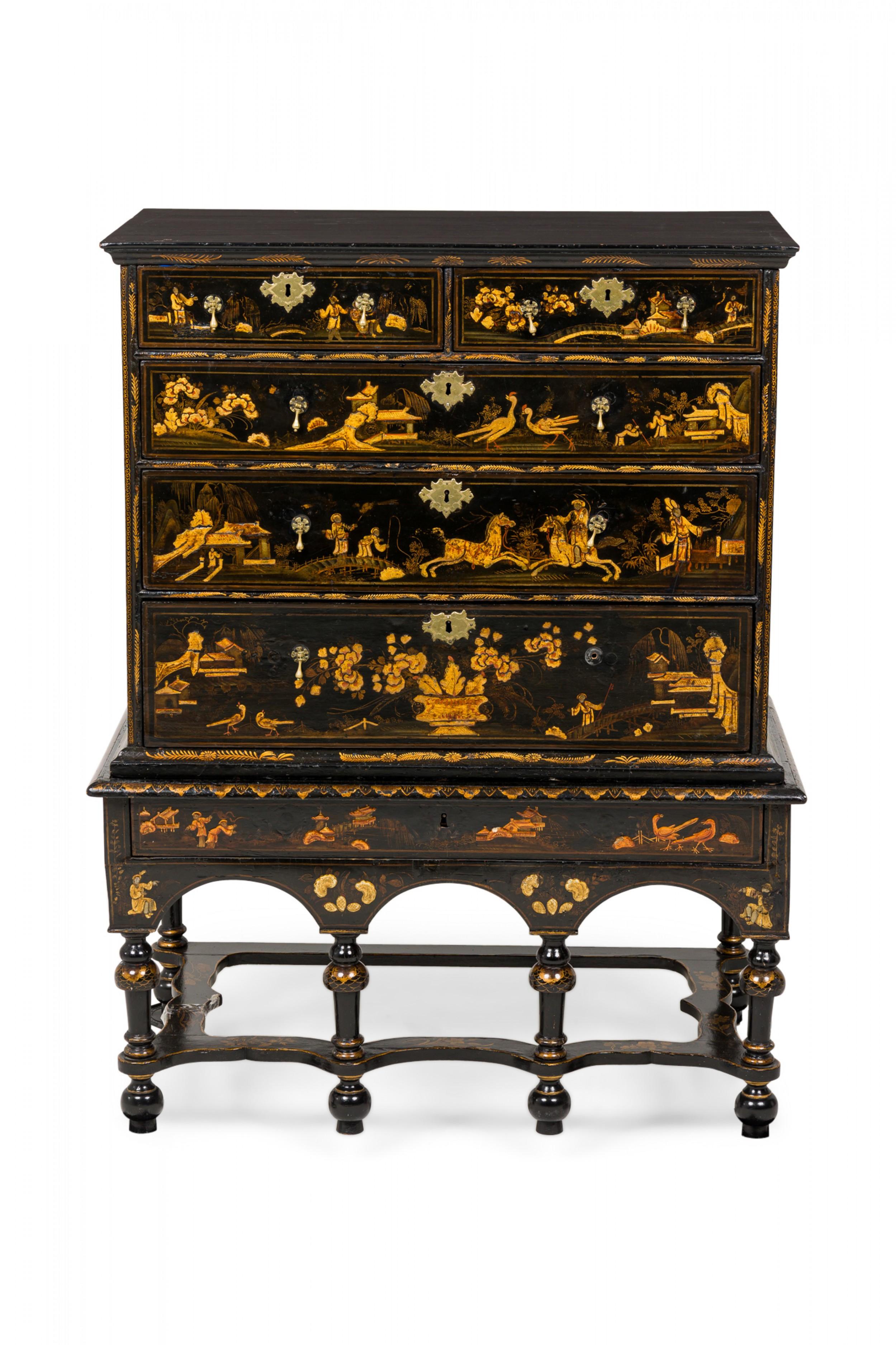 English Georgian style (18/19th Century) highboy chest in two sections with painted Chinoiserie lacquer figural scenes, the top section features two top drawers with inlaid felt flatware separators, followed by a compartmented full drawer, followed