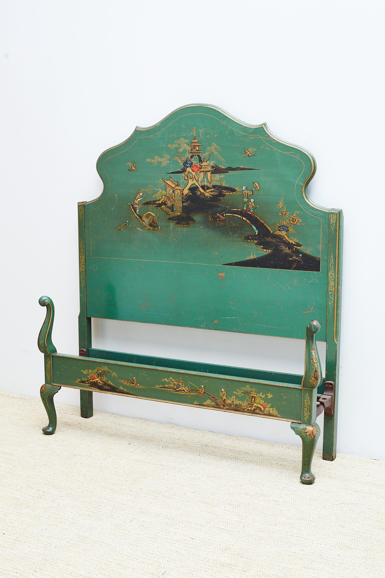 English Chinoiserie Lacquered Headboard and Footboard 11