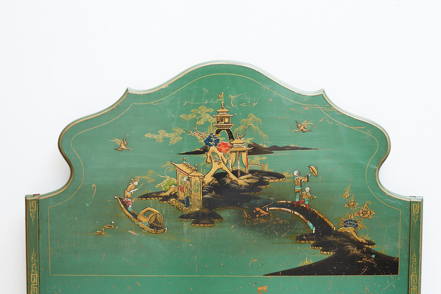 Hand-Painted English Chinoiserie Lacquered Headboard and Footboard