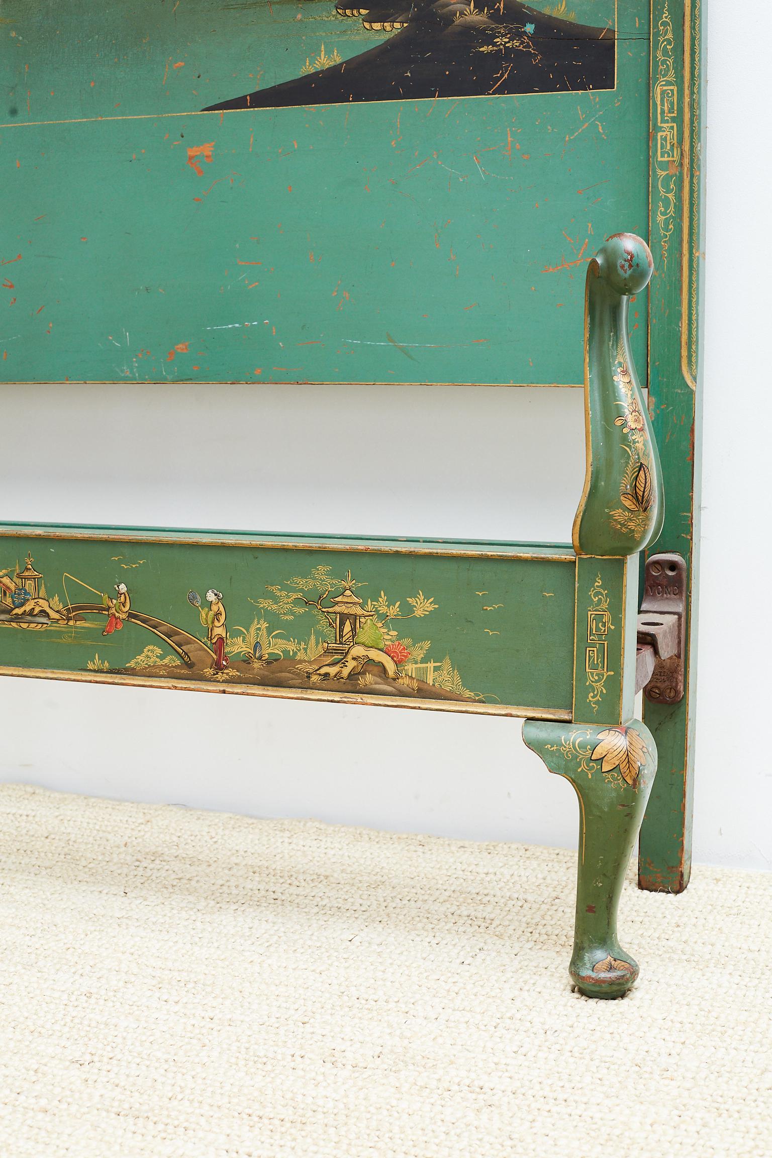 English Chinoiserie Lacquered Headboard and Footboard In Distressed Condition In Rio Vista, CA