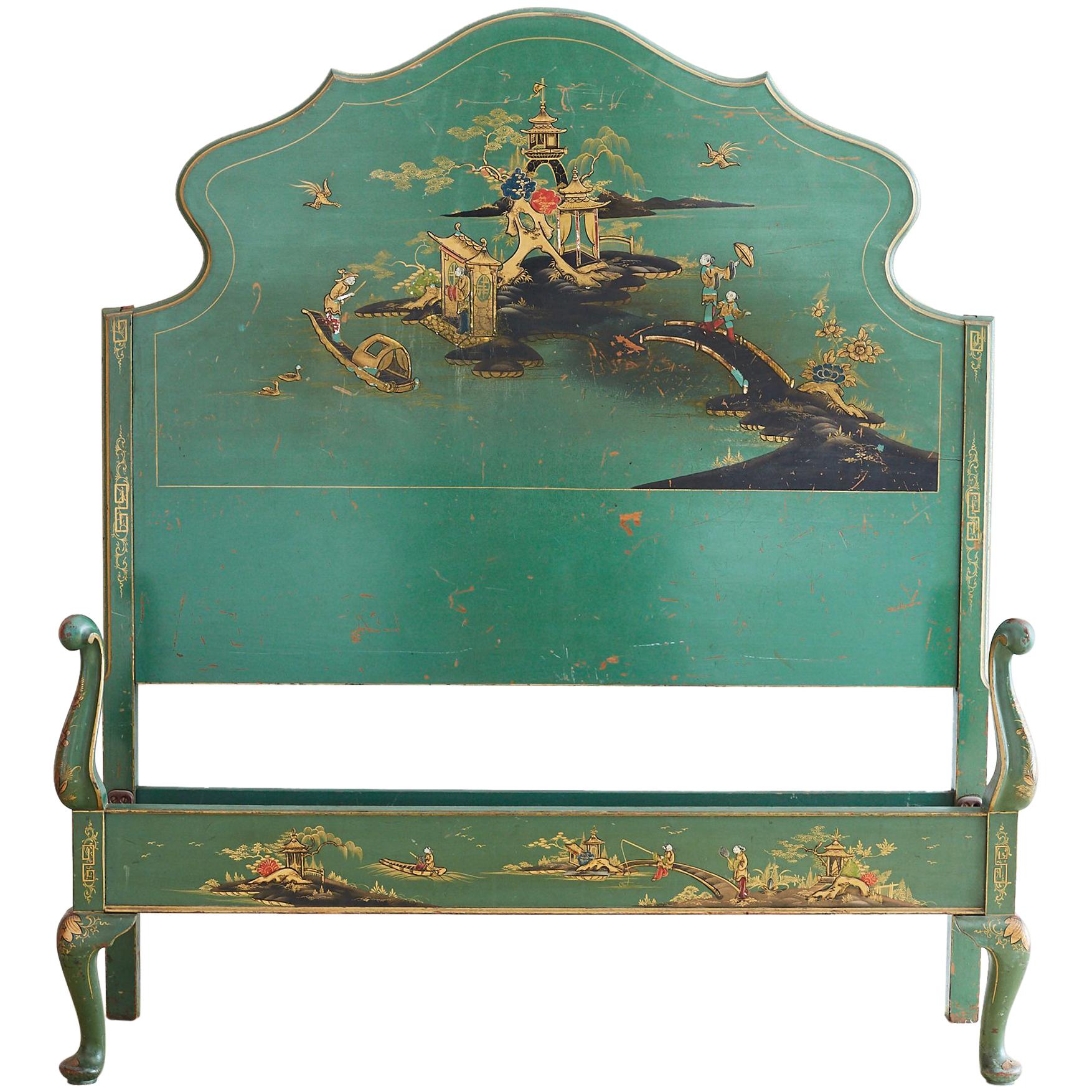 English Chinoiserie Lacquered Headboard and Footboard