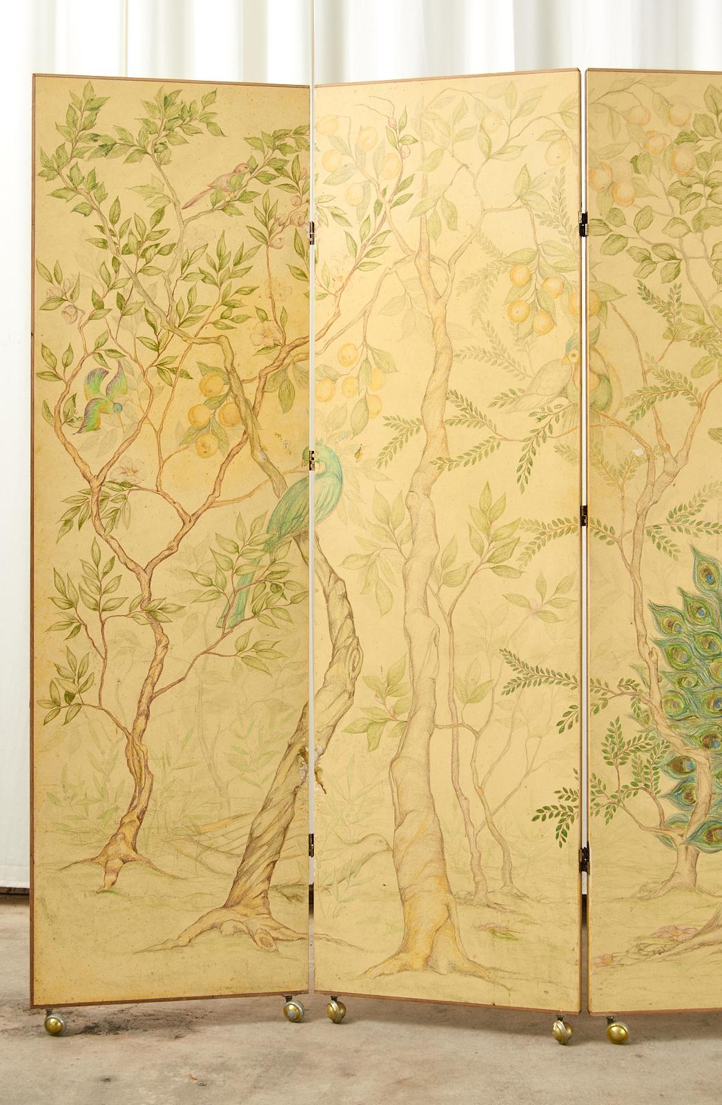 Exquisite English five-panel double sided screen depicting a flora and fauna painted chinoiserie landscape with a peacock. The opposite side depicts a country English landscape equestrian scene. Constructed from painted wooden panels conjoined with