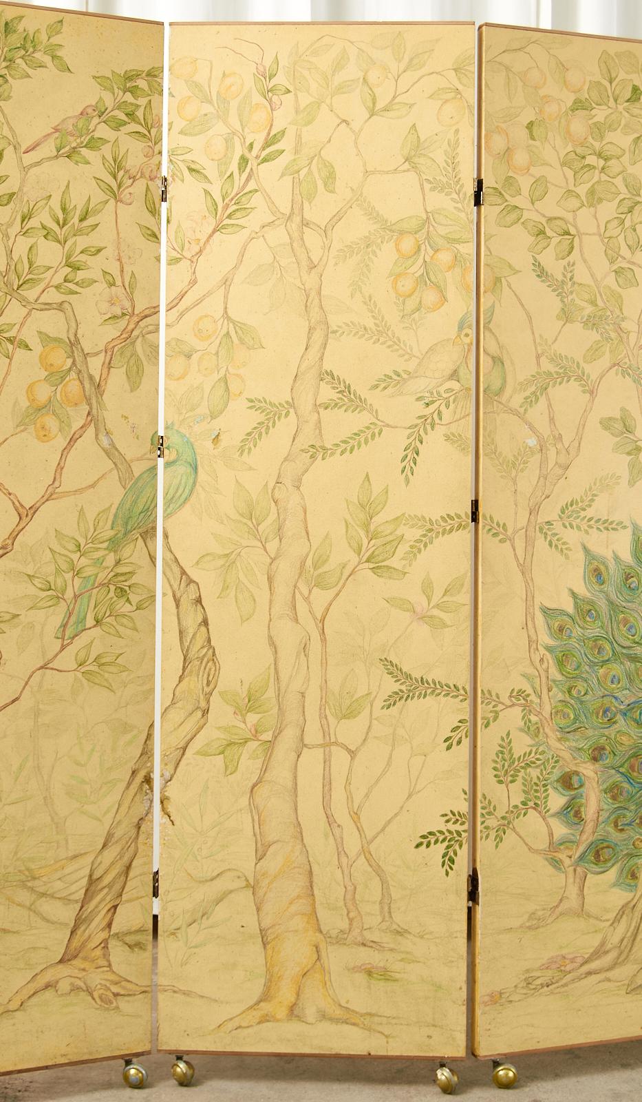 Brass English Chinoiserie Painted Five-Panel Double Sided Screen