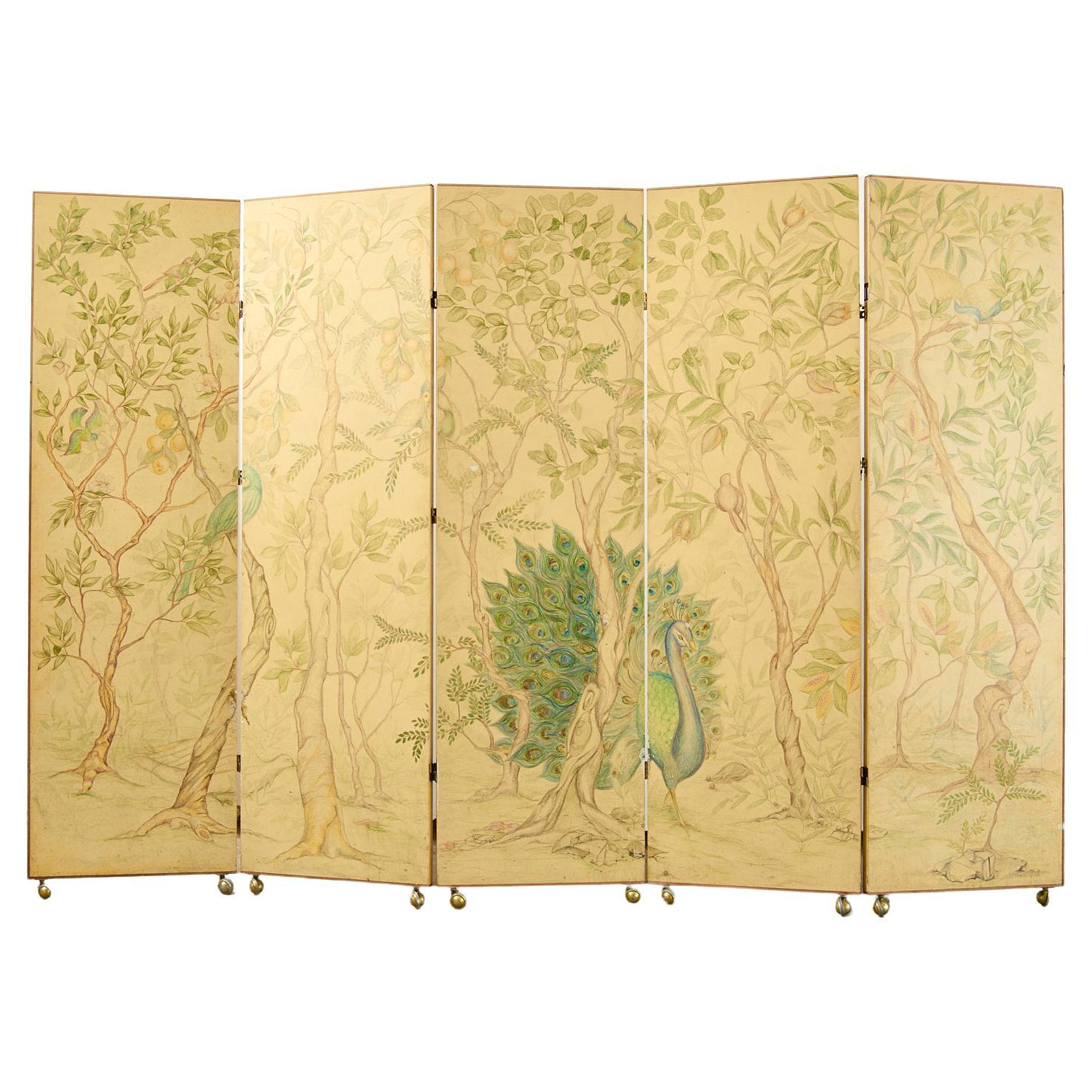 English Chinoiserie Painted Five-Panel Double Sided Screen