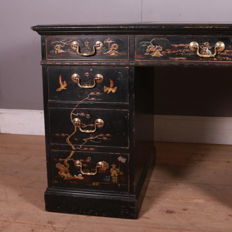 Very good early 20th C English chinoiserie pedestal desk. This desk can be free-standing as it is decorated on all sides. 1920.

This item comes as one piece so please ensure that it will fit into all entryways and doors.

Knee-hole dimensions: