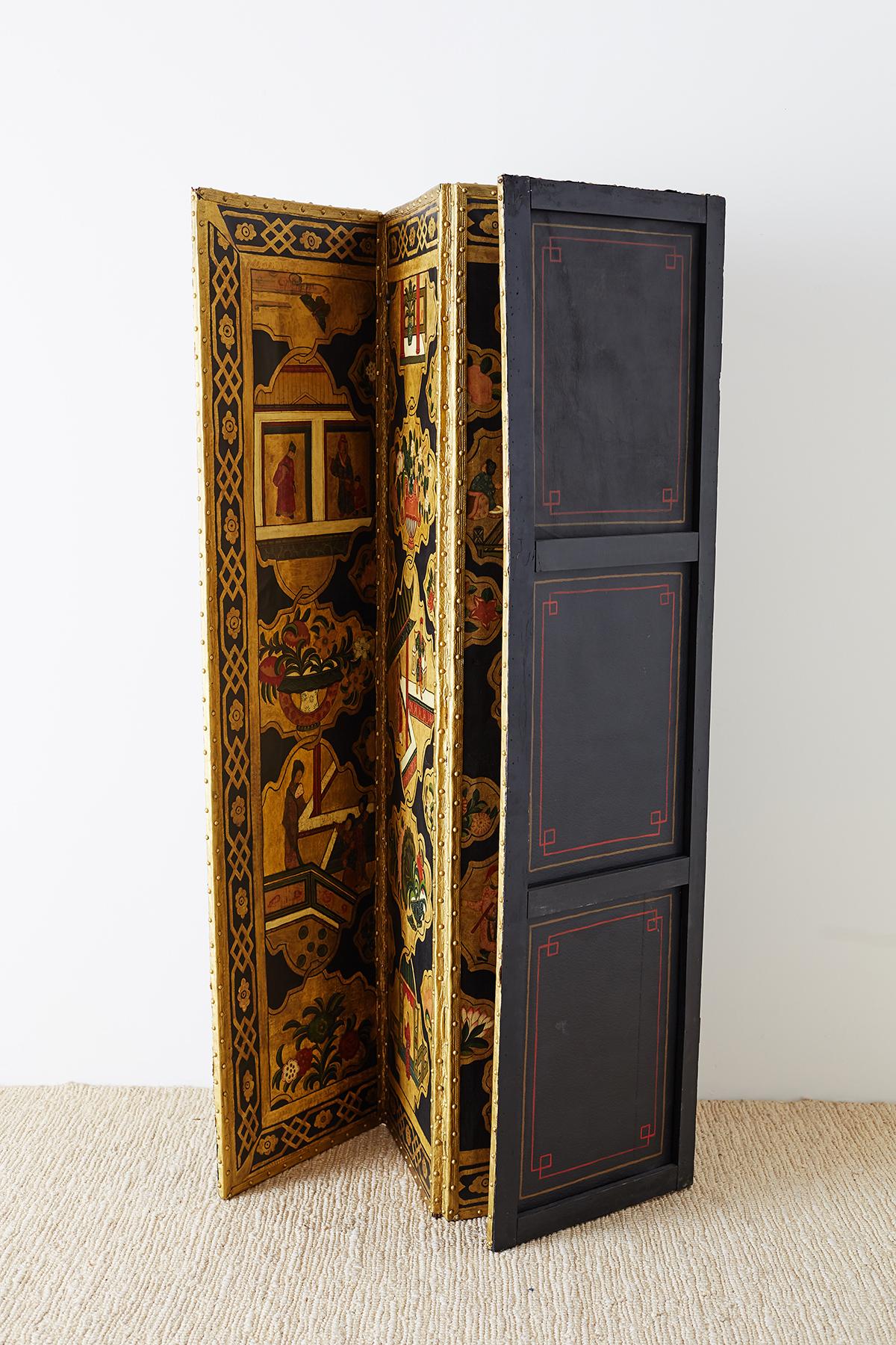 English Chinoiserie Polychromed Leather Four-Panel Screen 12