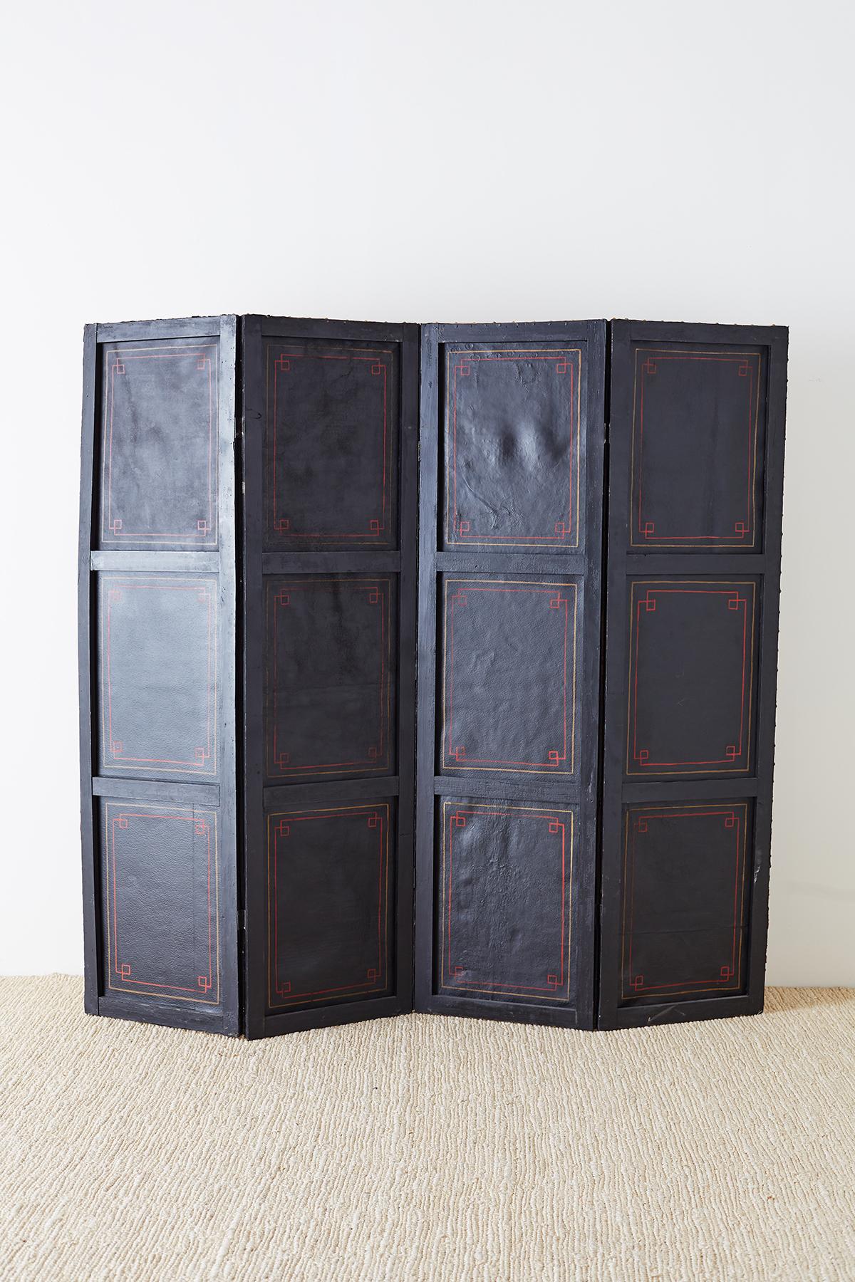 English Chinoiserie Polychromed Leather Four-Panel Screen 13