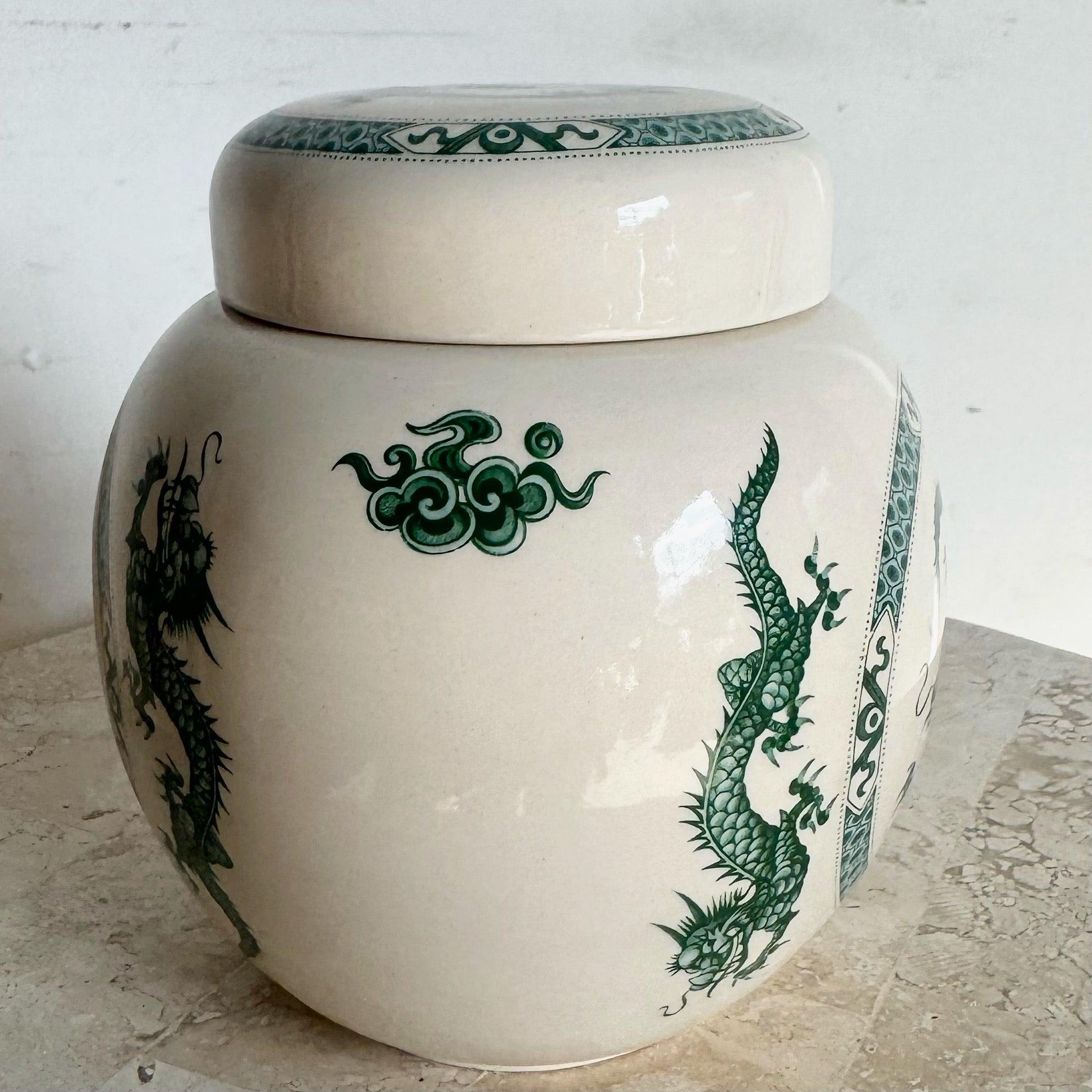 British English Chinoiserie Porcelain Green Dragon Ginger Jar by Sadler