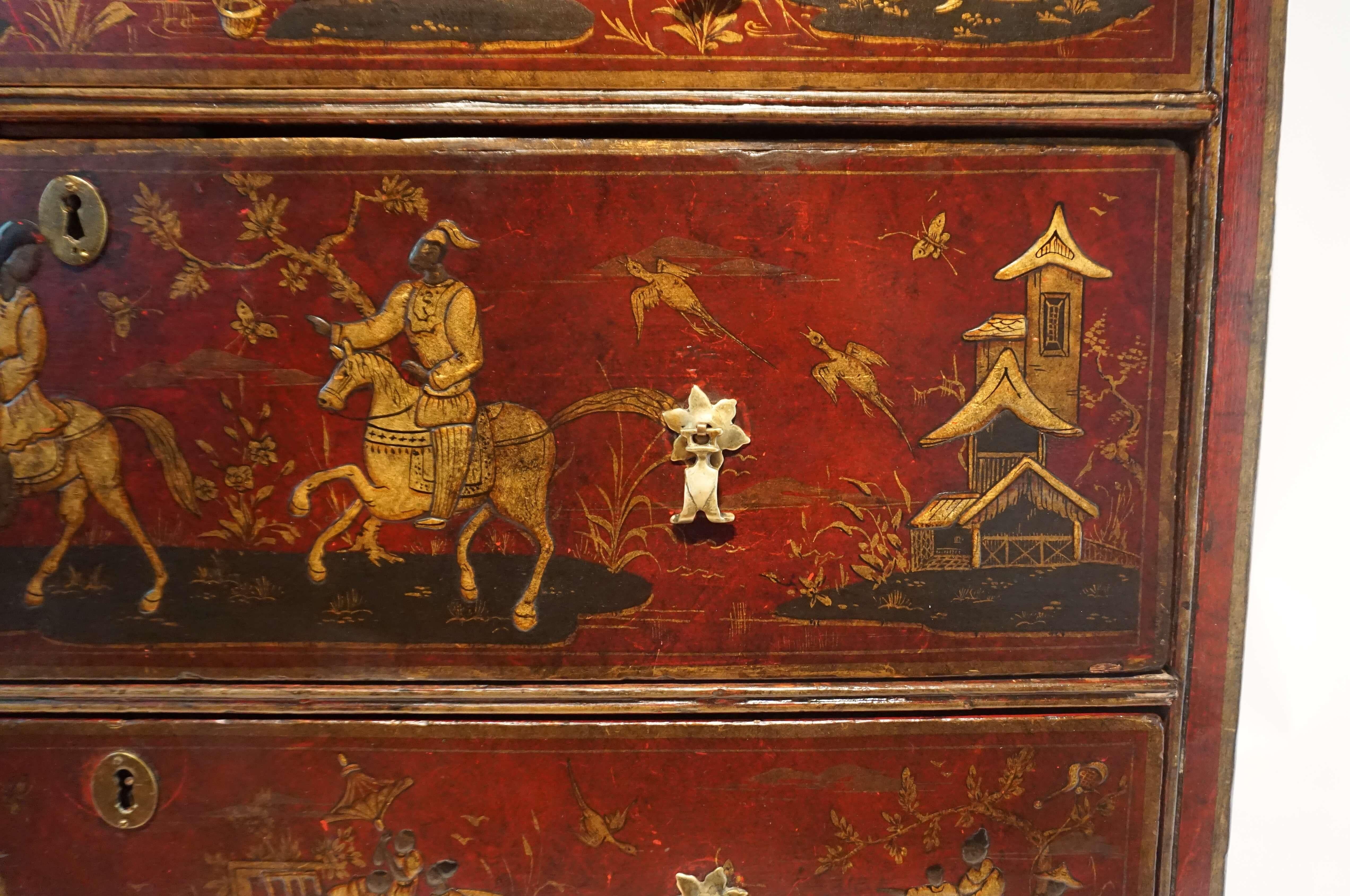 English Chinoiserie Red Japanned Chest of Drawers, circa 1720 5