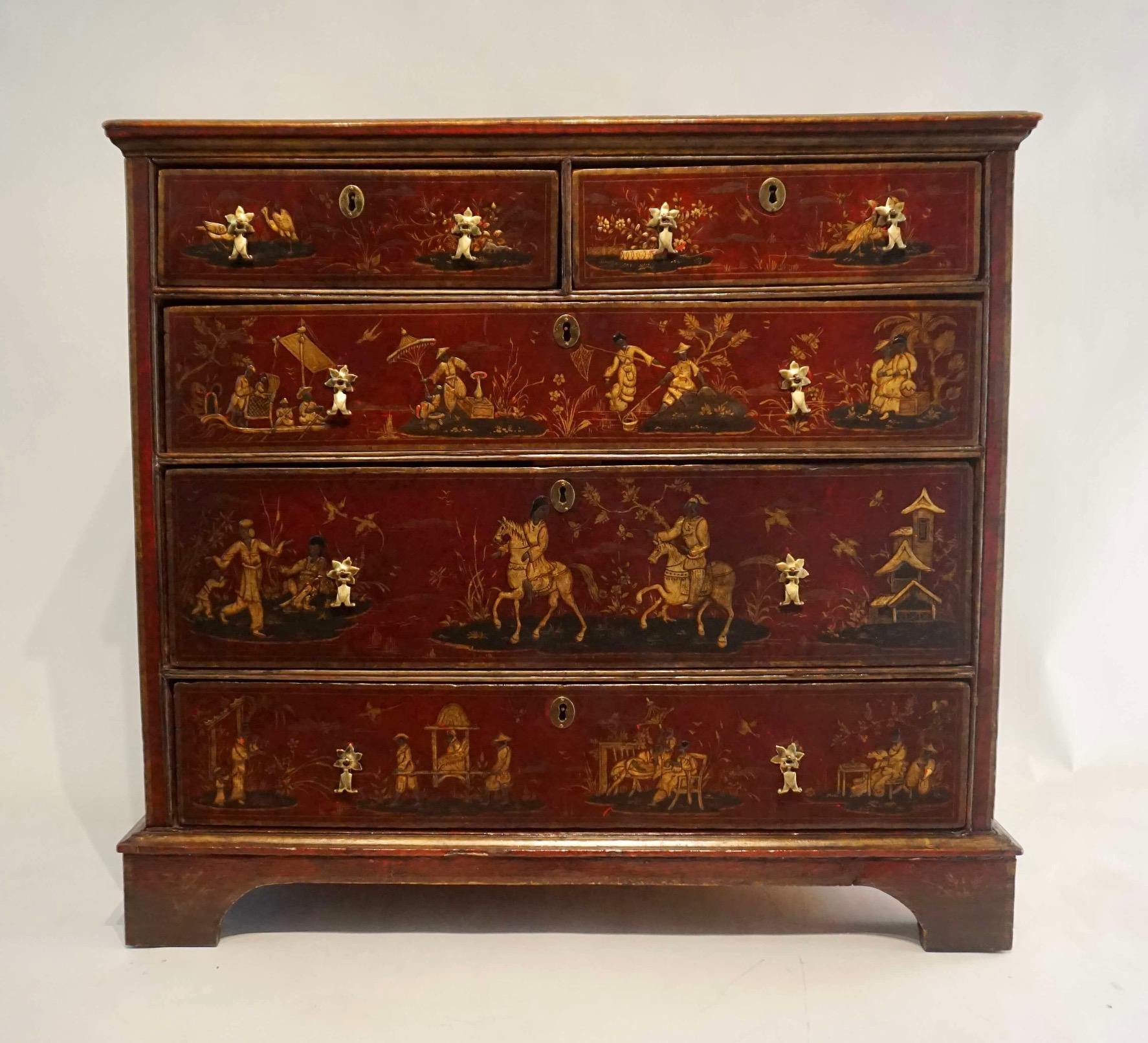 English Chinoiserie Red Japanned Chest of Drawers, circa 1720 13