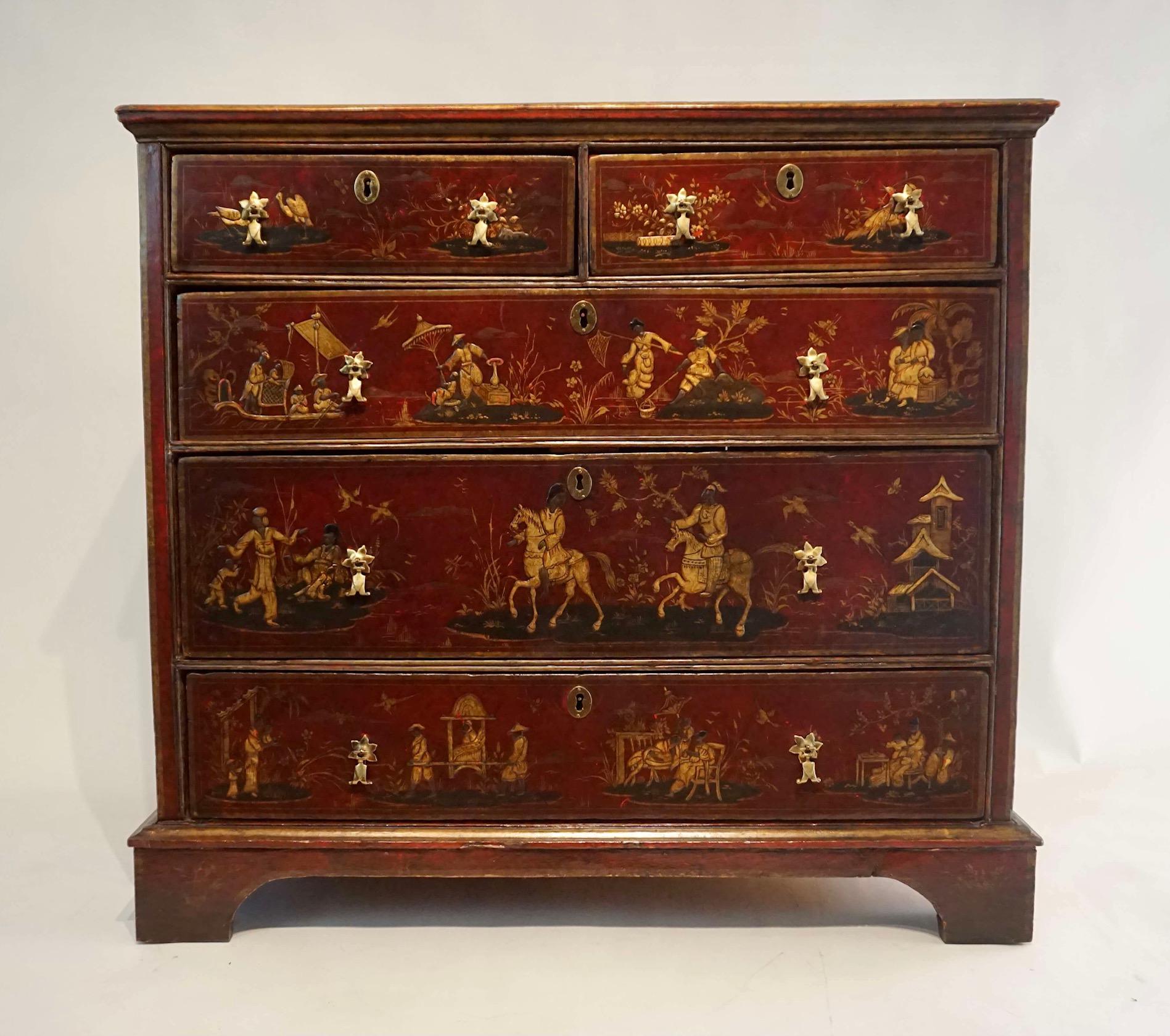 18th Century English Chinoiserie Red Japanned Chest of Drawers, circa 1720