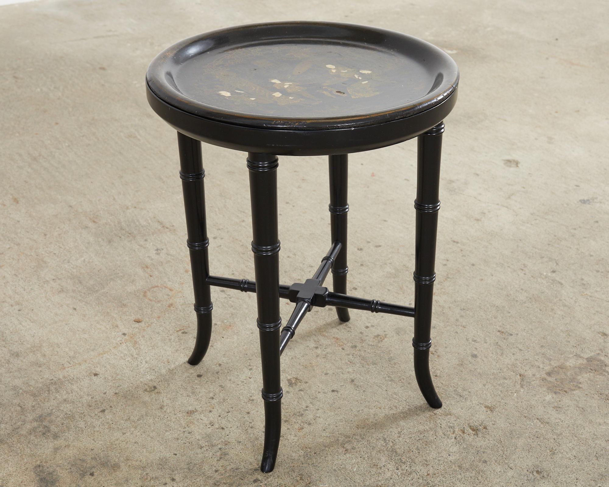 English Chinoiserie Revival Papier Mâché Faux Bamboo Drink Table 1