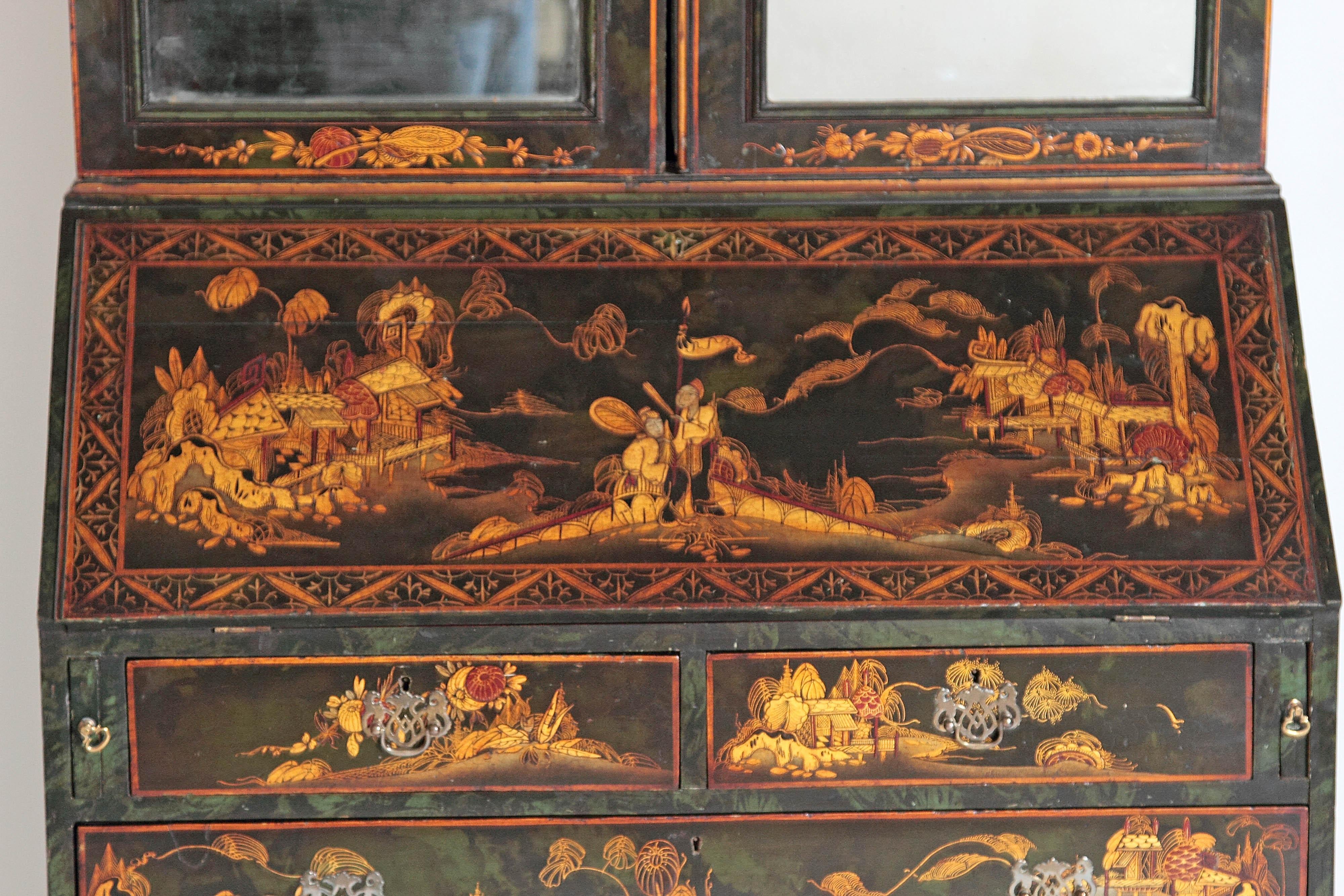 Queen Anne English Chinoiserie Secretary with Mirrored Doors