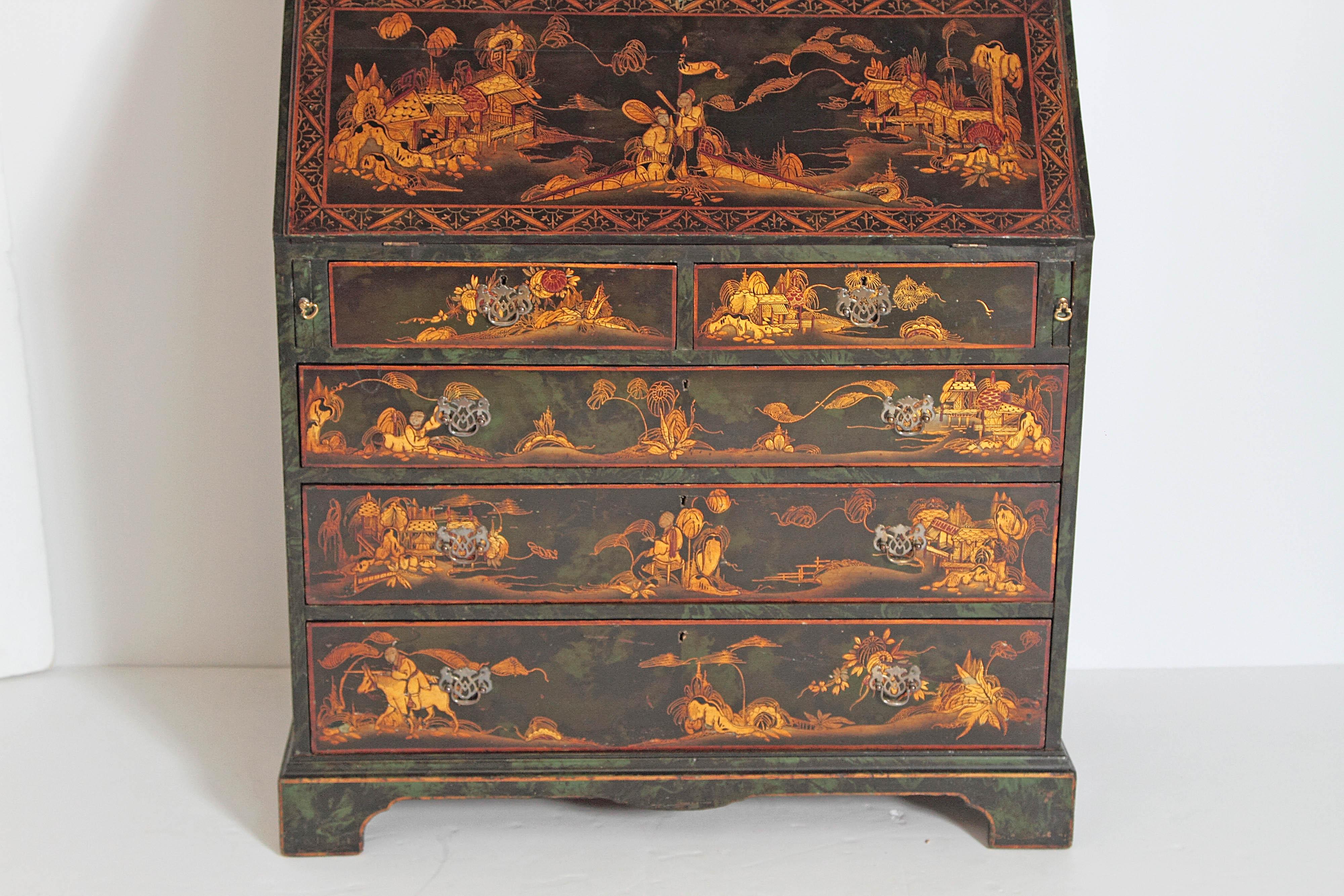 Hand-Painted English Chinoiserie Secretary with Mirrored Doors