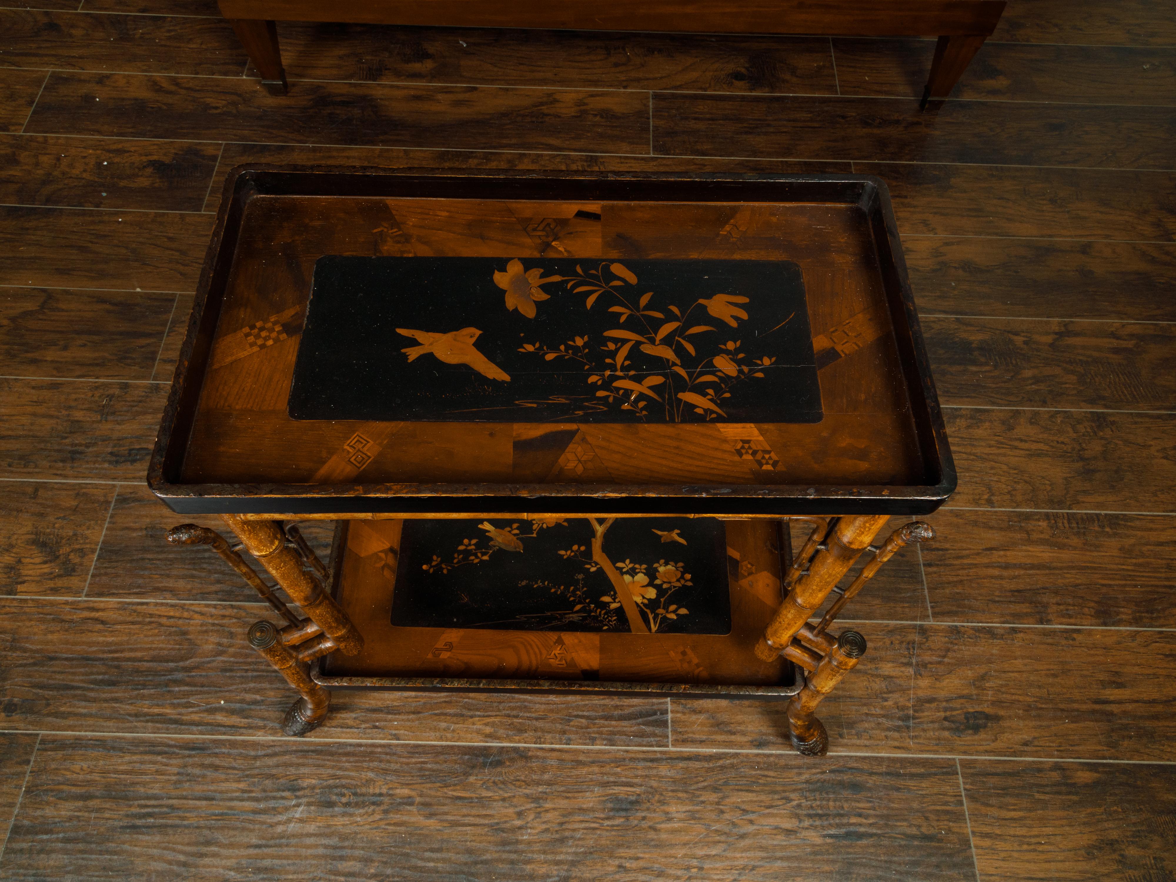 English Chinoiserie Style 1900s Bamboo Side Table with Birds and Floral Motifs In Good Condition In Atlanta, GA