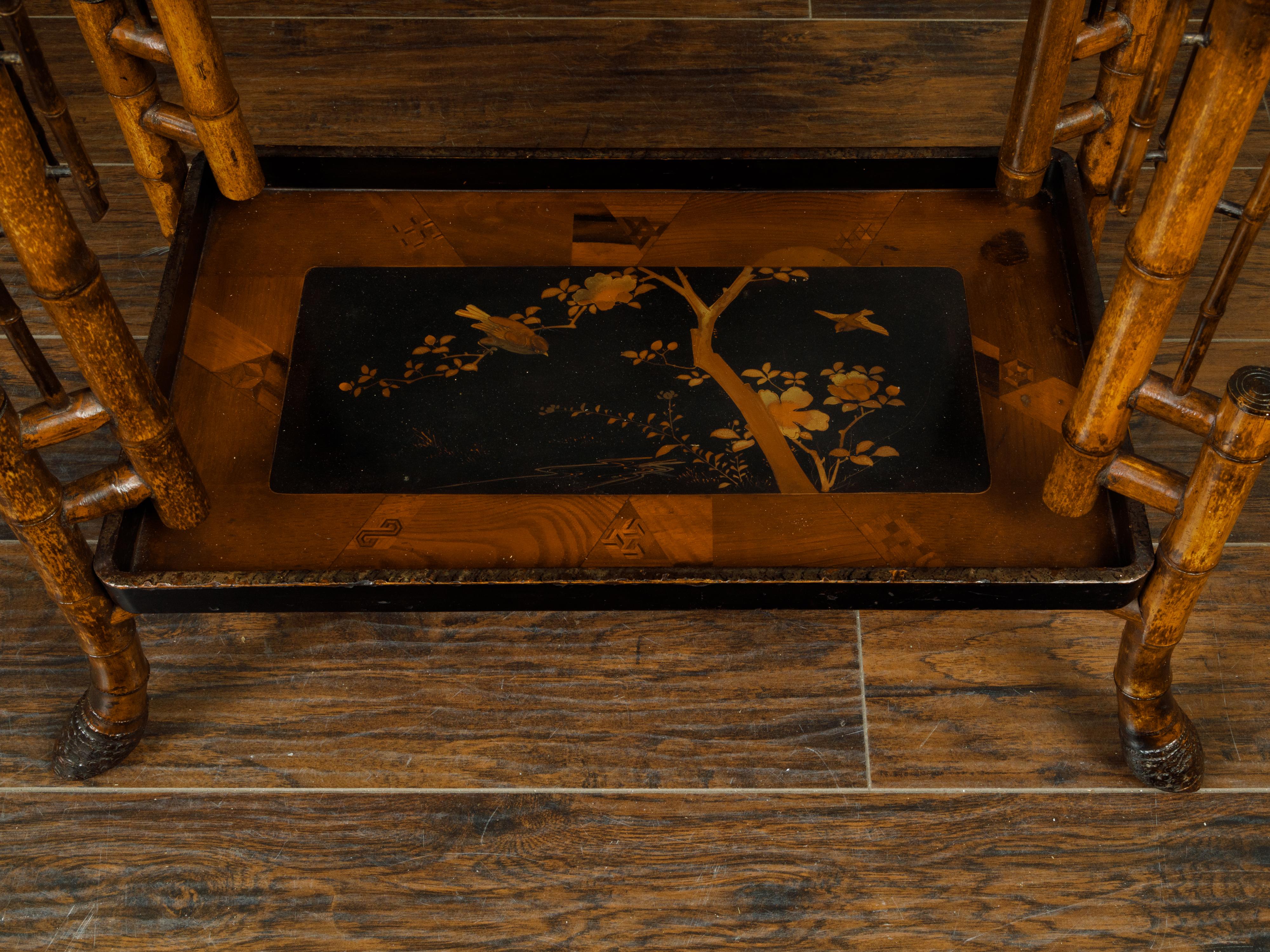 20th Century English Chinoiserie Style 1900s Bamboo Side Table with Birds and Floral Motifs