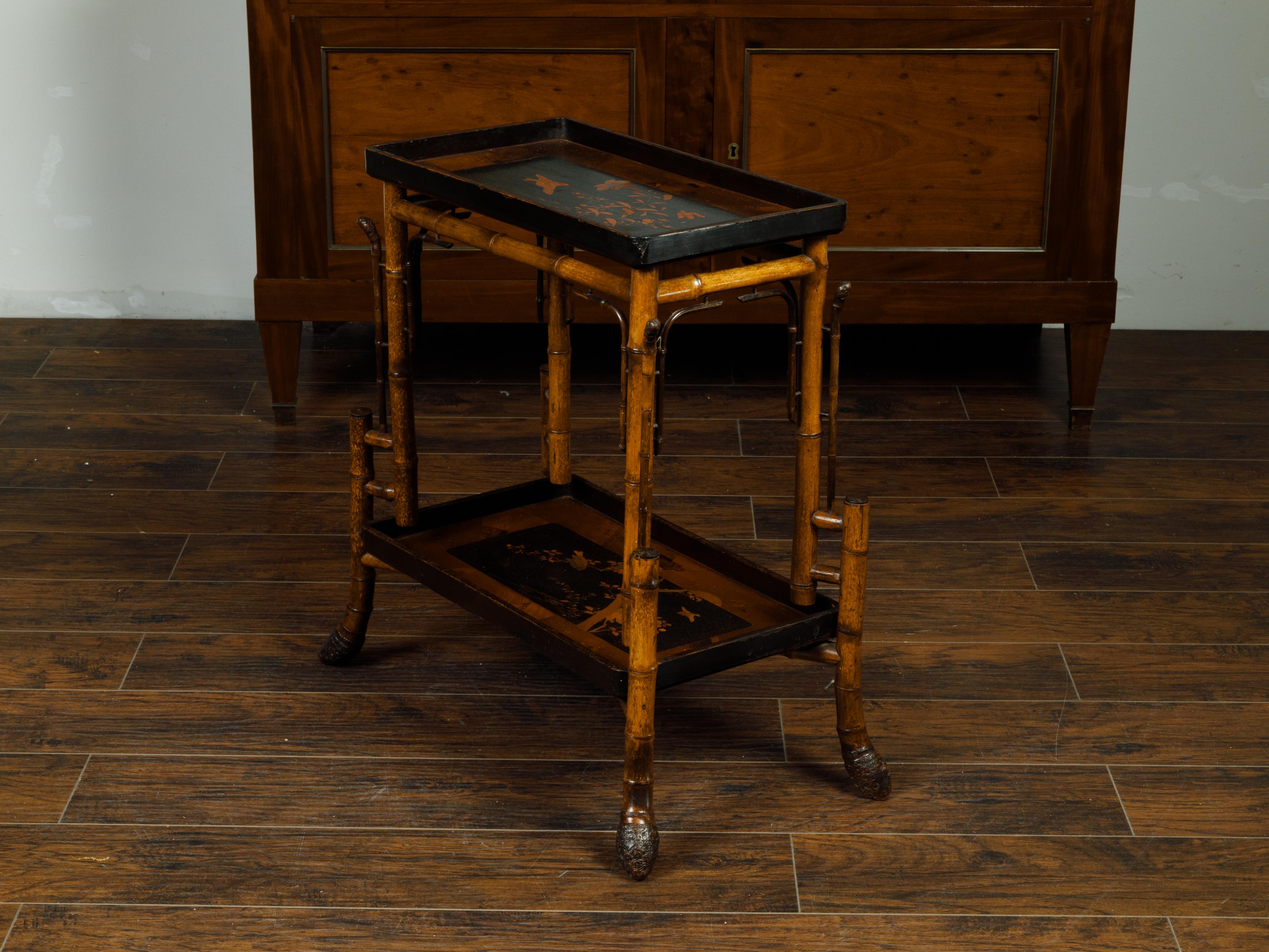 English Chinoiserie Style 1900s Bamboo Side Table with Birds and Floral Motifs 2