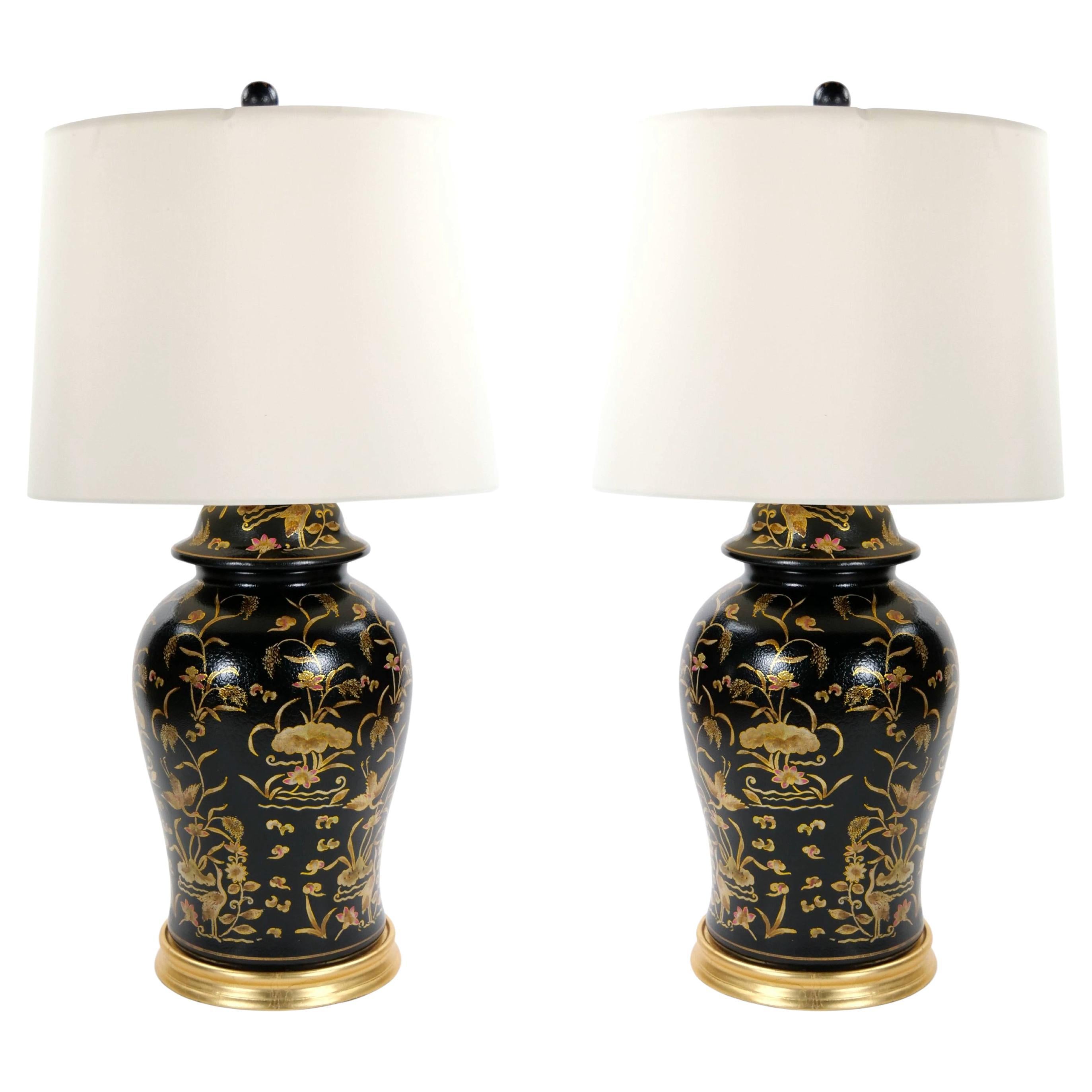 English Chinoiserie Style Black Lacquered Porcelain / Gilt Wood Table Lamp