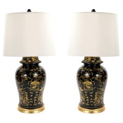 English Chinoiserie Style Black Lacquered Porcelain / Gilt Wood Table Lamp