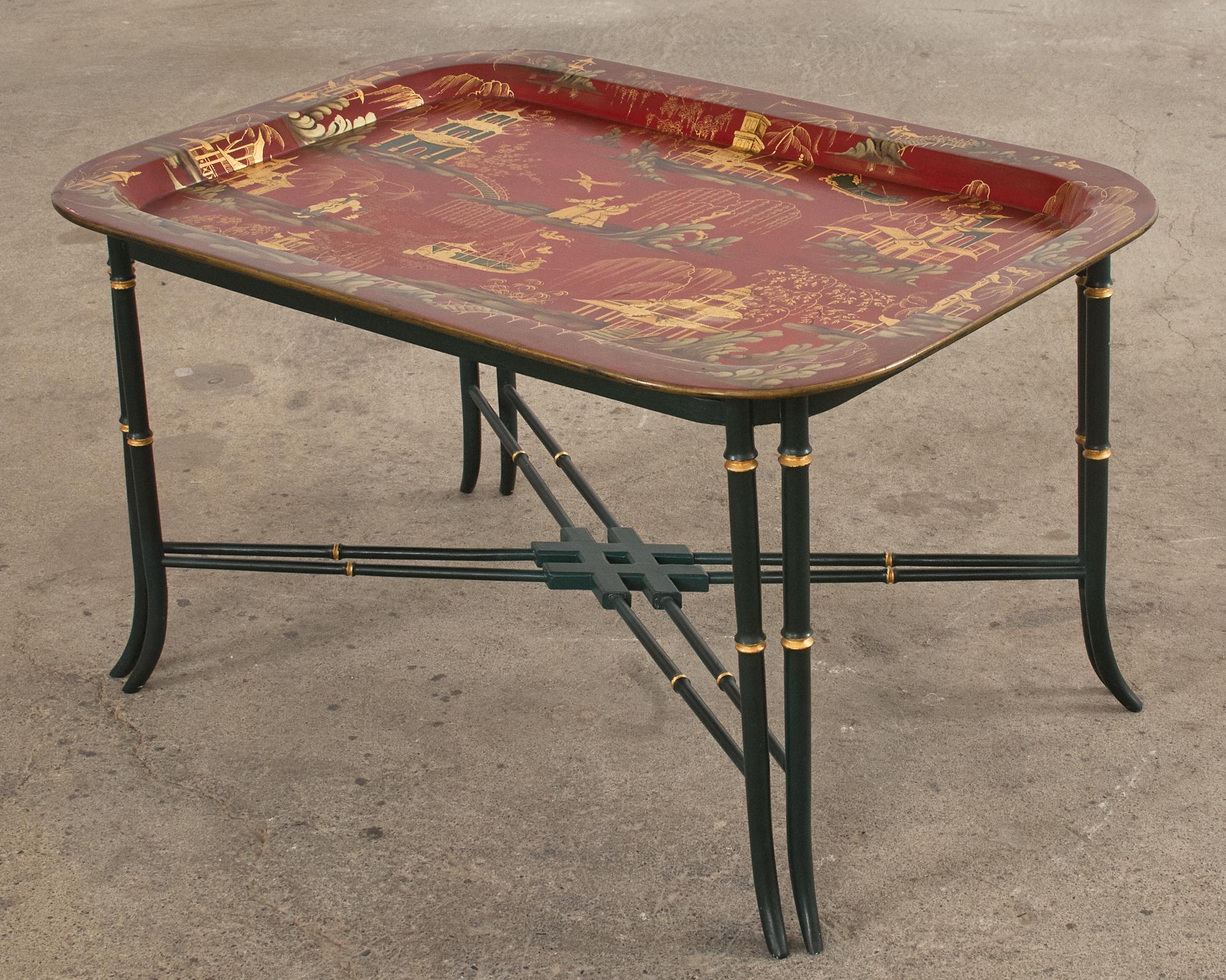 English Chinoiserie Style Faux Bamboo Lacquered Tray Table For Sale 8