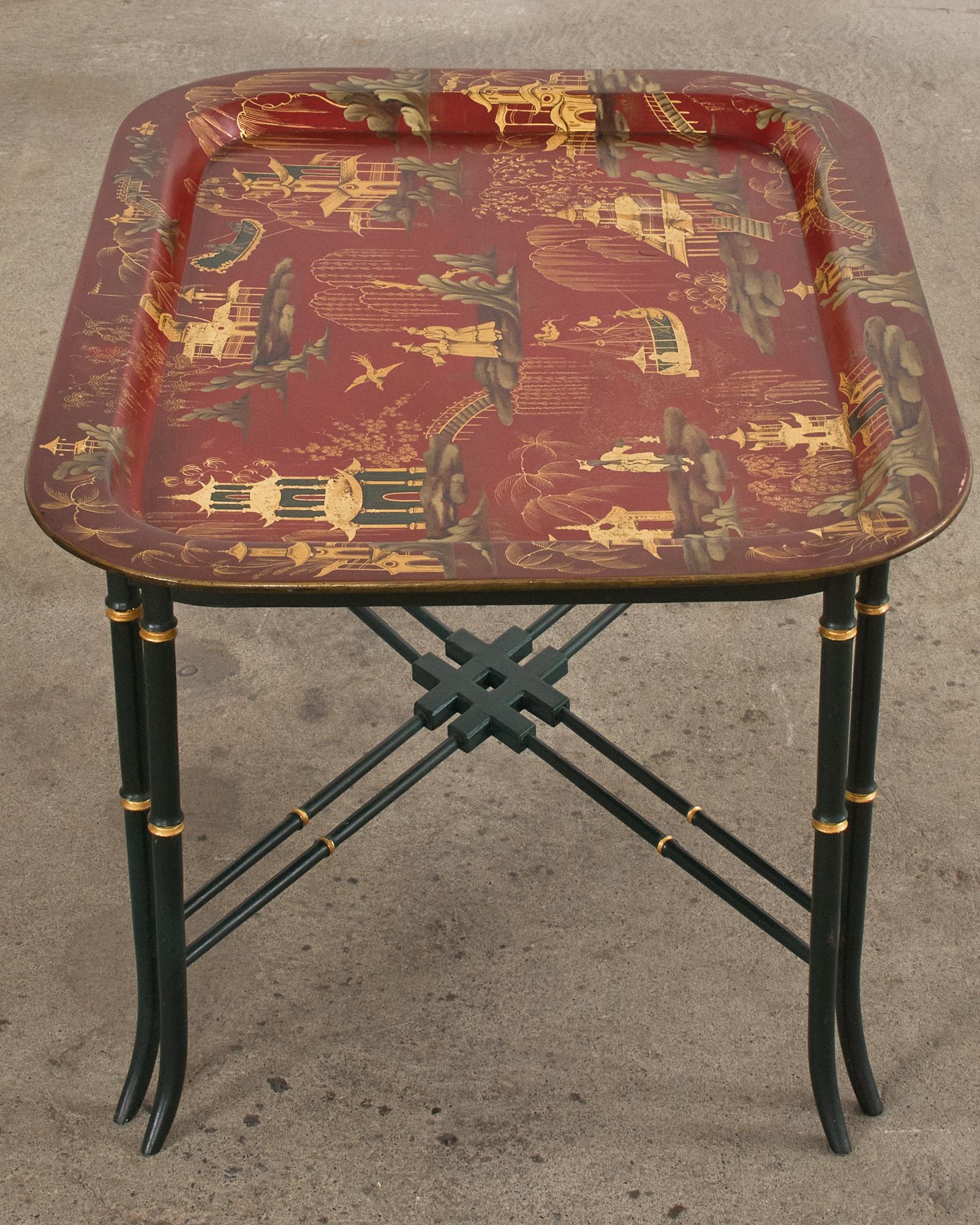 English Chinoiserie Style Faux Bamboo Lacquered Tray Table For Sale 11