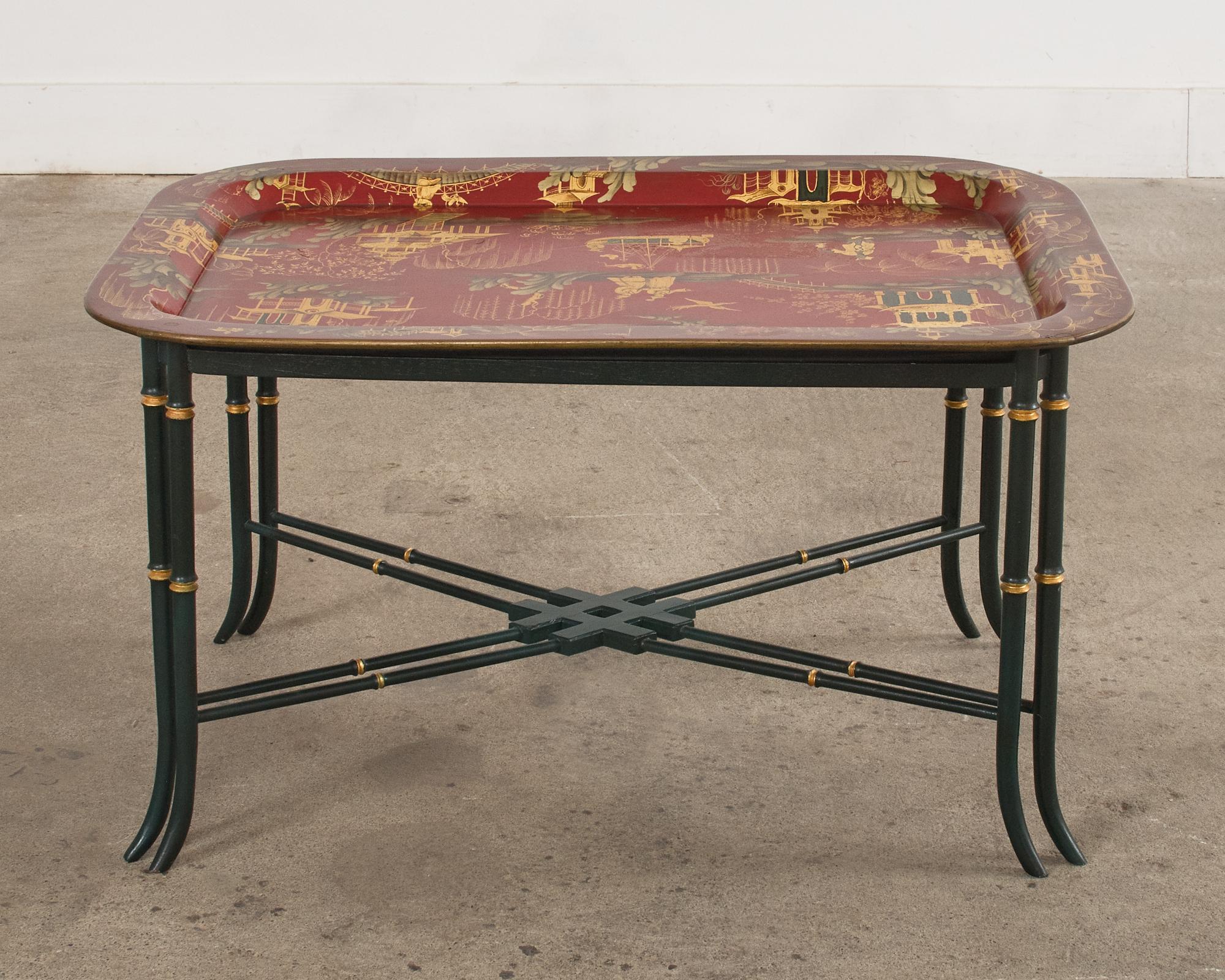 English Chinoiserie Style Faux Bamboo Lacquered Tray Table For Sale 13