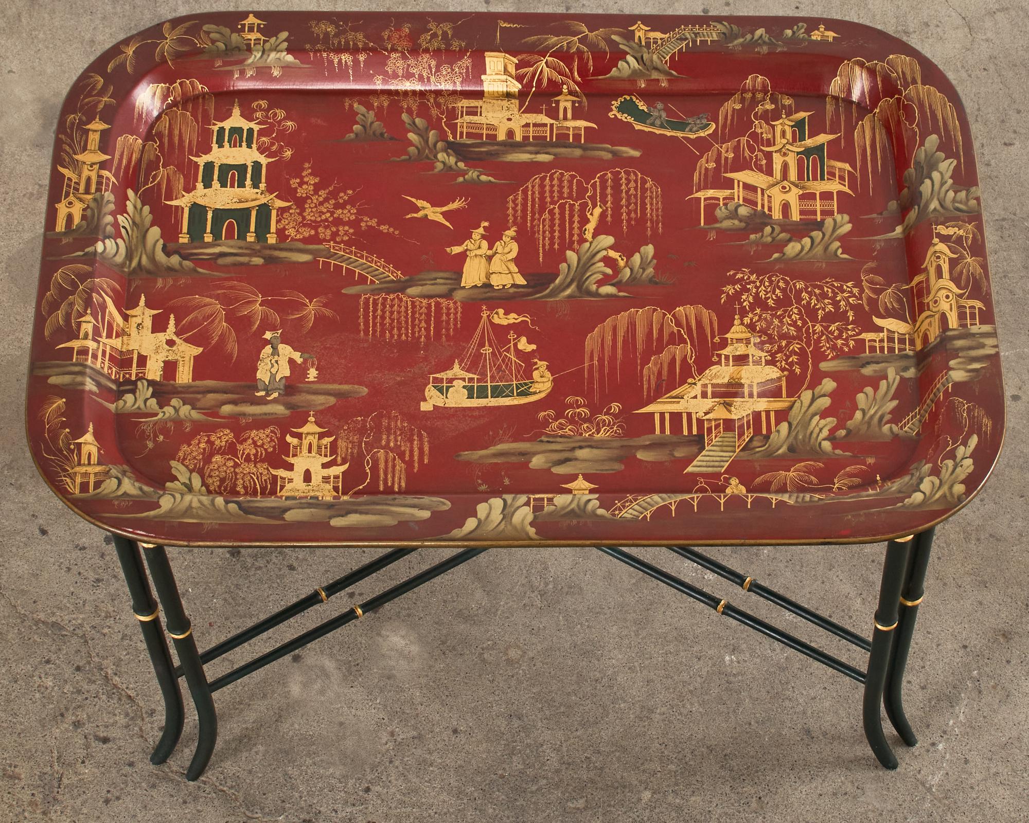 English Chinoiserie Style Faux Bamboo Lacquered Tray Table In Good Condition For Sale In Rio Vista, CA