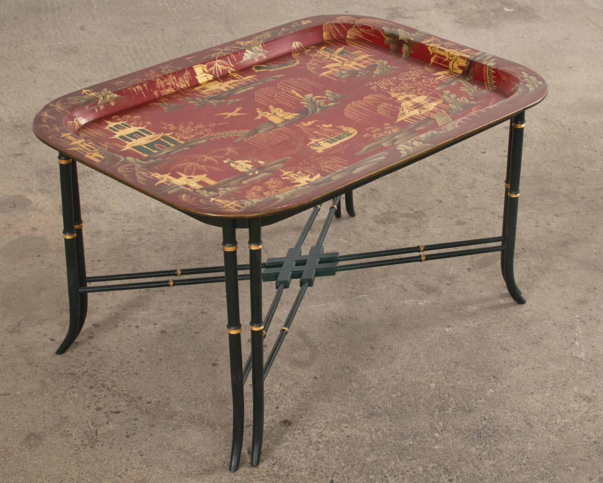 20th Century English Chinoiserie Style Faux Bamboo Lacquered Tray Table For Sale