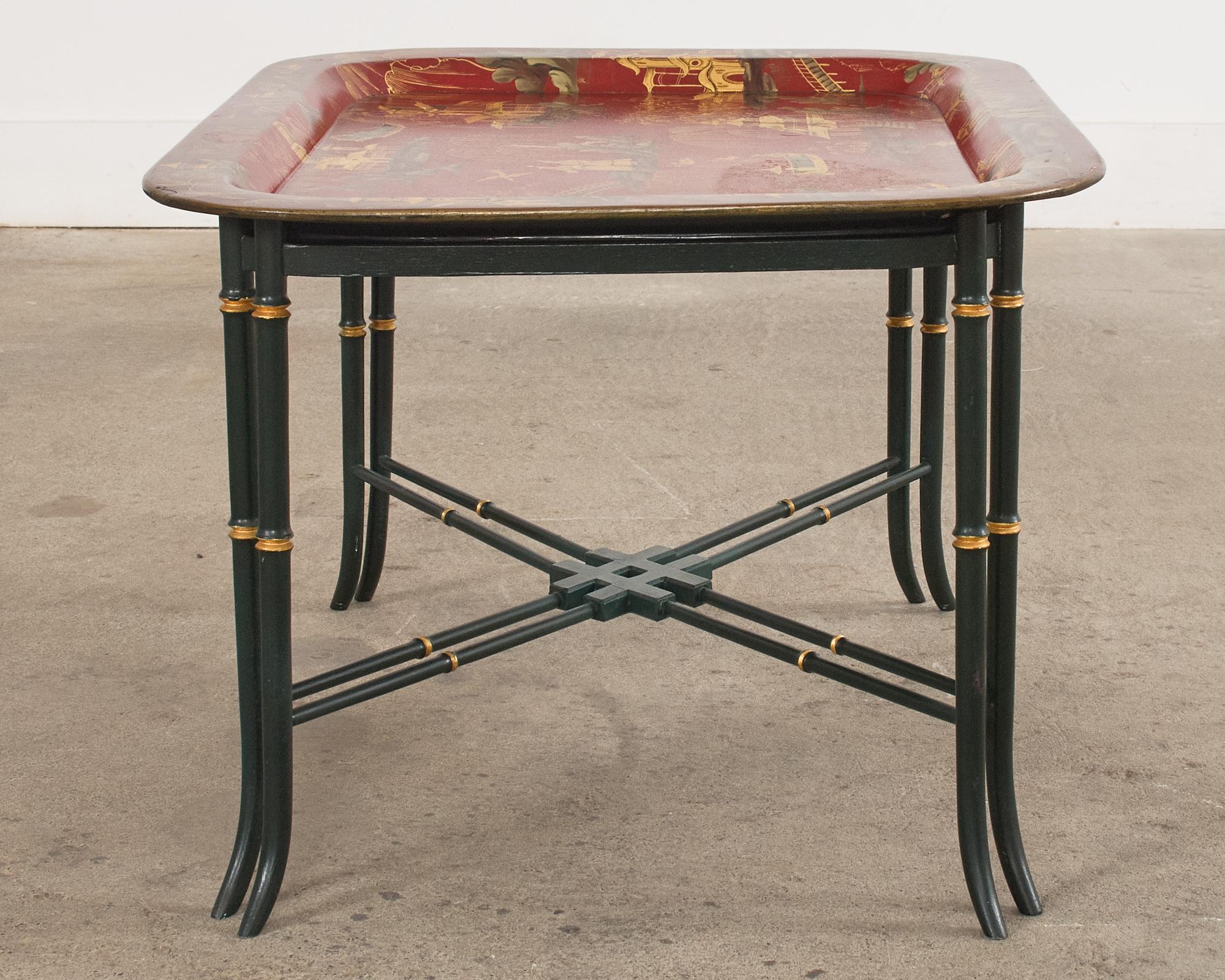 English Chinoiserie Style Faux Bamboo Lacquered Tray Table For Sale 2