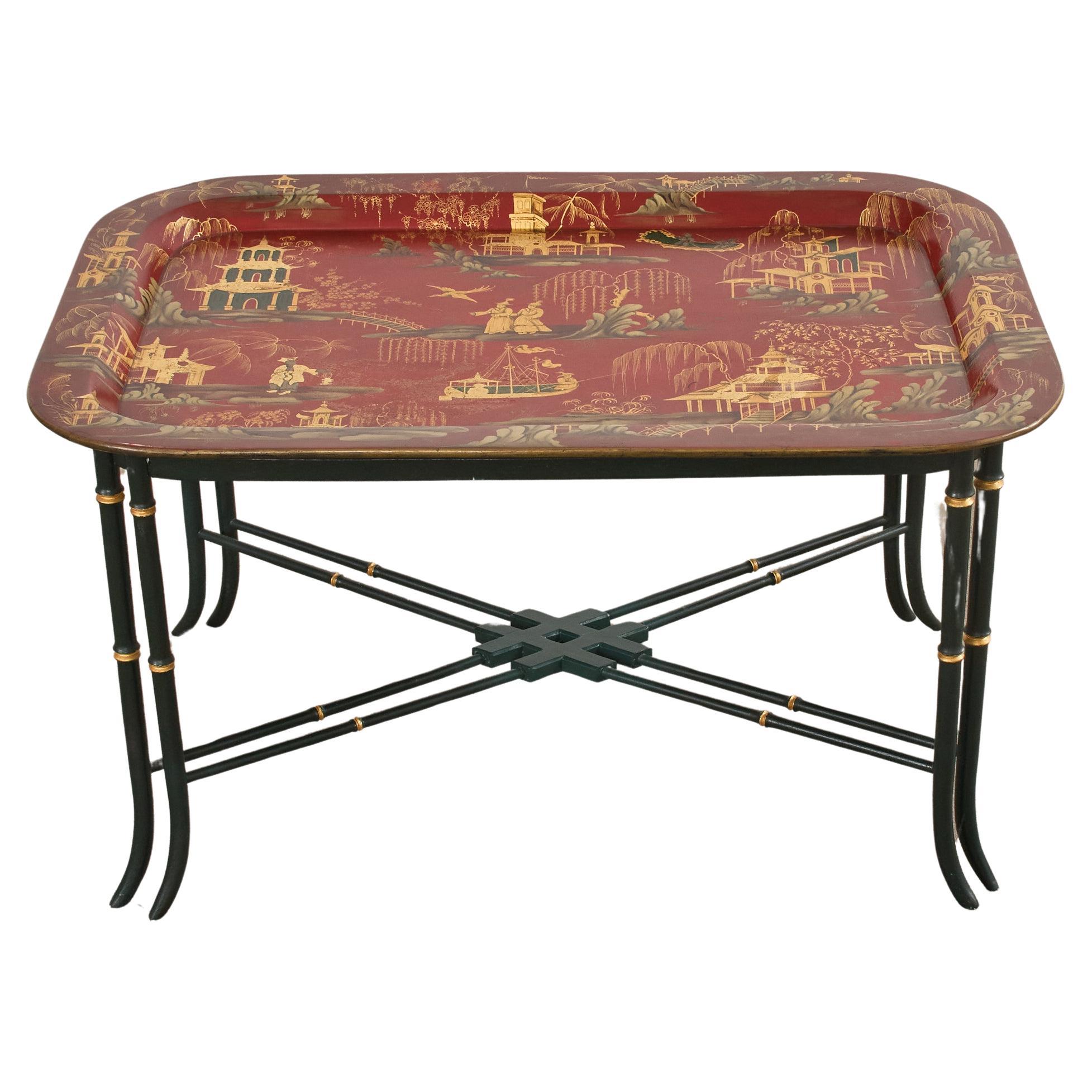 English Chinoiserie Style Faux Bamboo Lacquered Tray Table For Sale