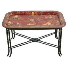 Antique English Chinoiserie Style Faux Bamboo Lacquered Tray Table