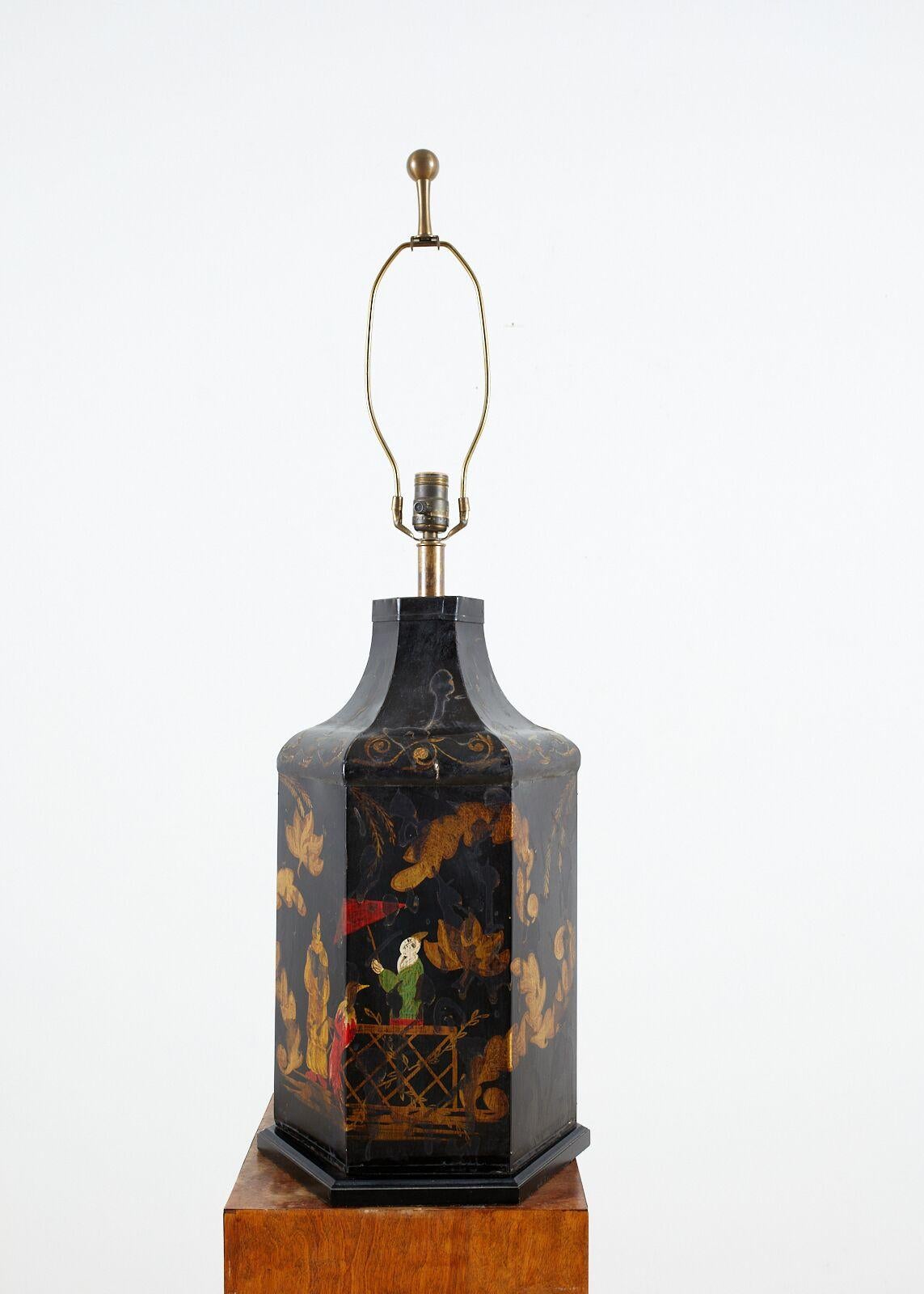 Lacquered English Chinoiserie Style Tole Tea Canister Table Lamp