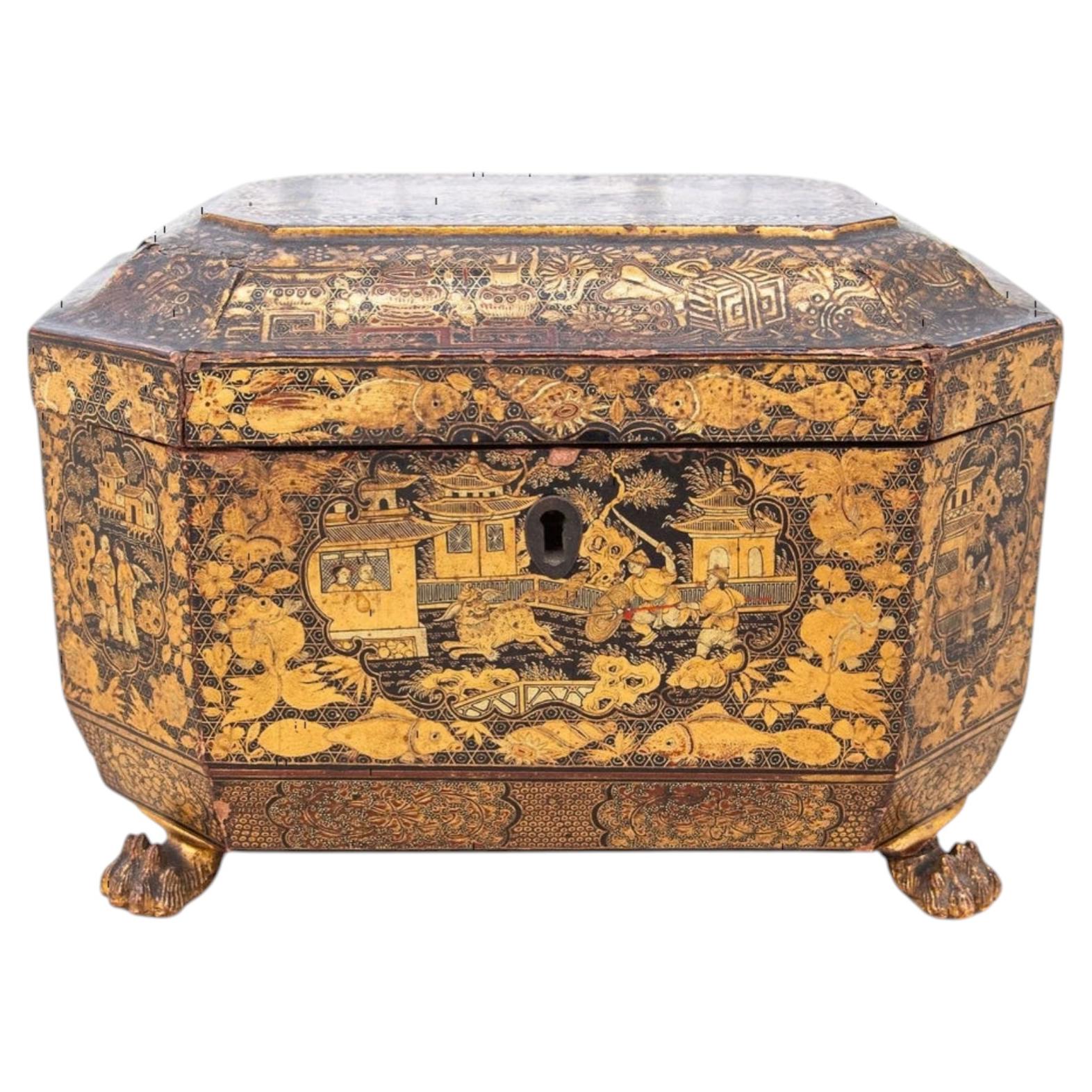 English Chinoiserie Tea Caddy with Dual Interior Canisters, 19th Century
