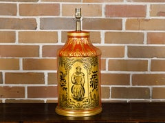 English Chinoiserie Tea Tin Red and Gold Canister Made into a Table Lamp