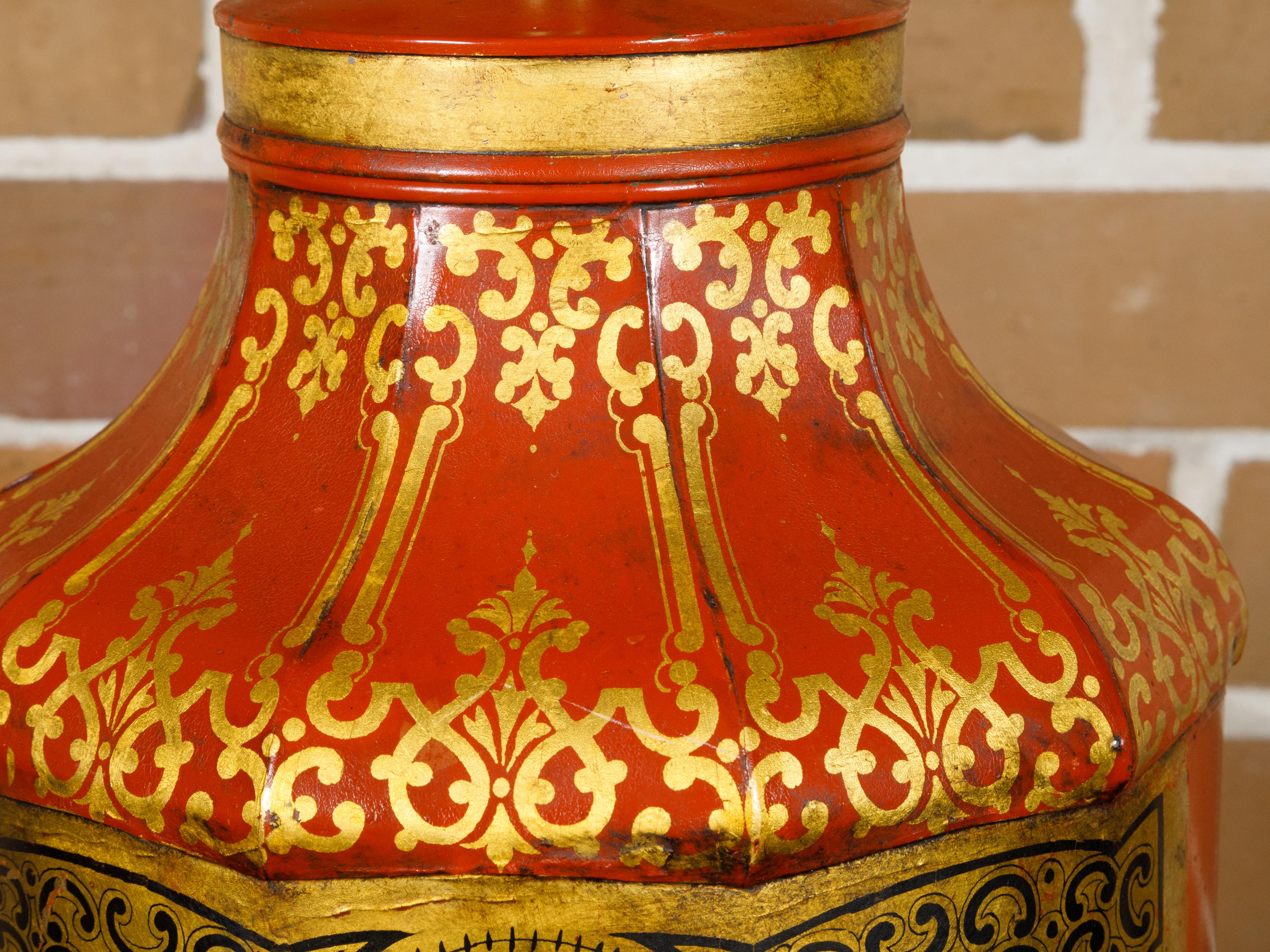 English Chinoiserie Tea Tin Red and Gold Canister Made into a Table Lamp   For Sale 1