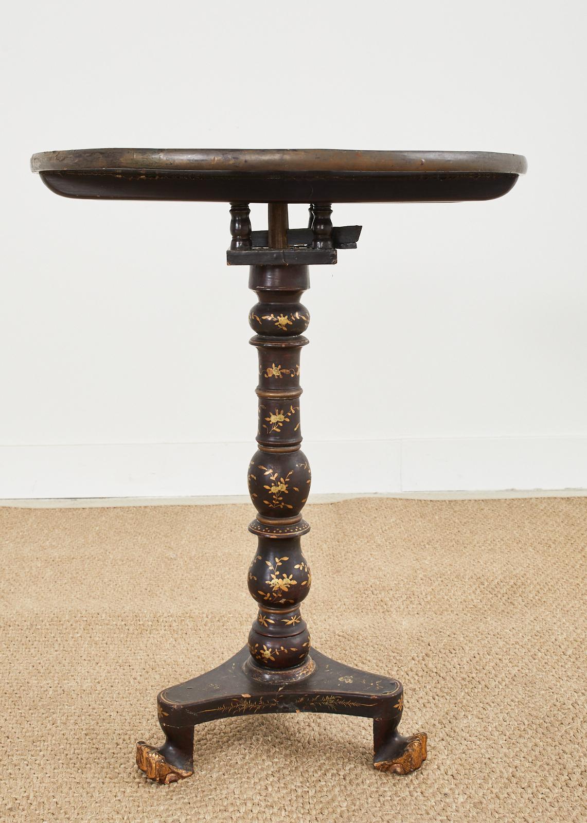 Ebonized English Chinoiserie Tilt Top Pedestal Tripod Table For Sale