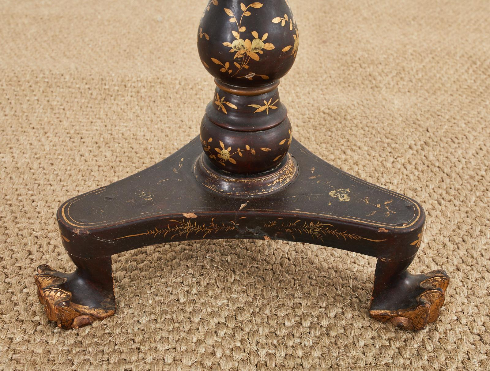 English Chinoiserie Tilt Top Pedestal Tripod Table In Distressed Condition For Sale In Rio Vista, CA